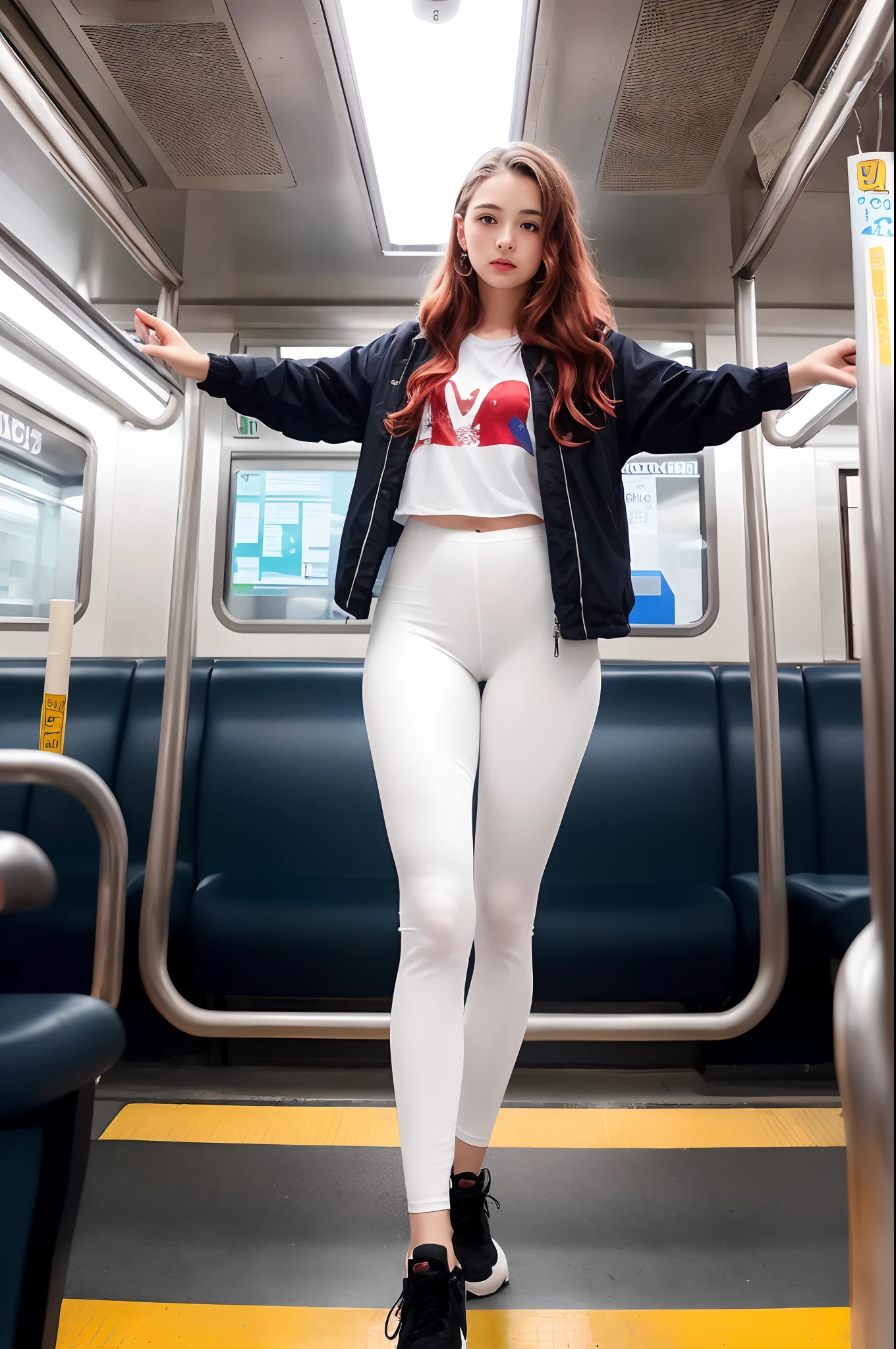 ((Croatian )), beautiful girl, freckles on her face, Light blue eyes, Big earrings, white_t-shirt, jacket, black_leggings_pants, full body, shot from below, very fair skin, very long hair, wavy hair, red hair, busy subway car, photorealistic, Indirect lighting, volumetric light, ray tracing, hyper-detailed, best quality, ultra-high resolution, HDR, 8k