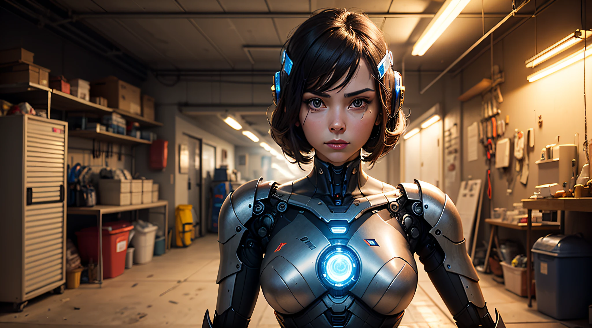 a portrait of robot woman in garage at night, science_fiction
