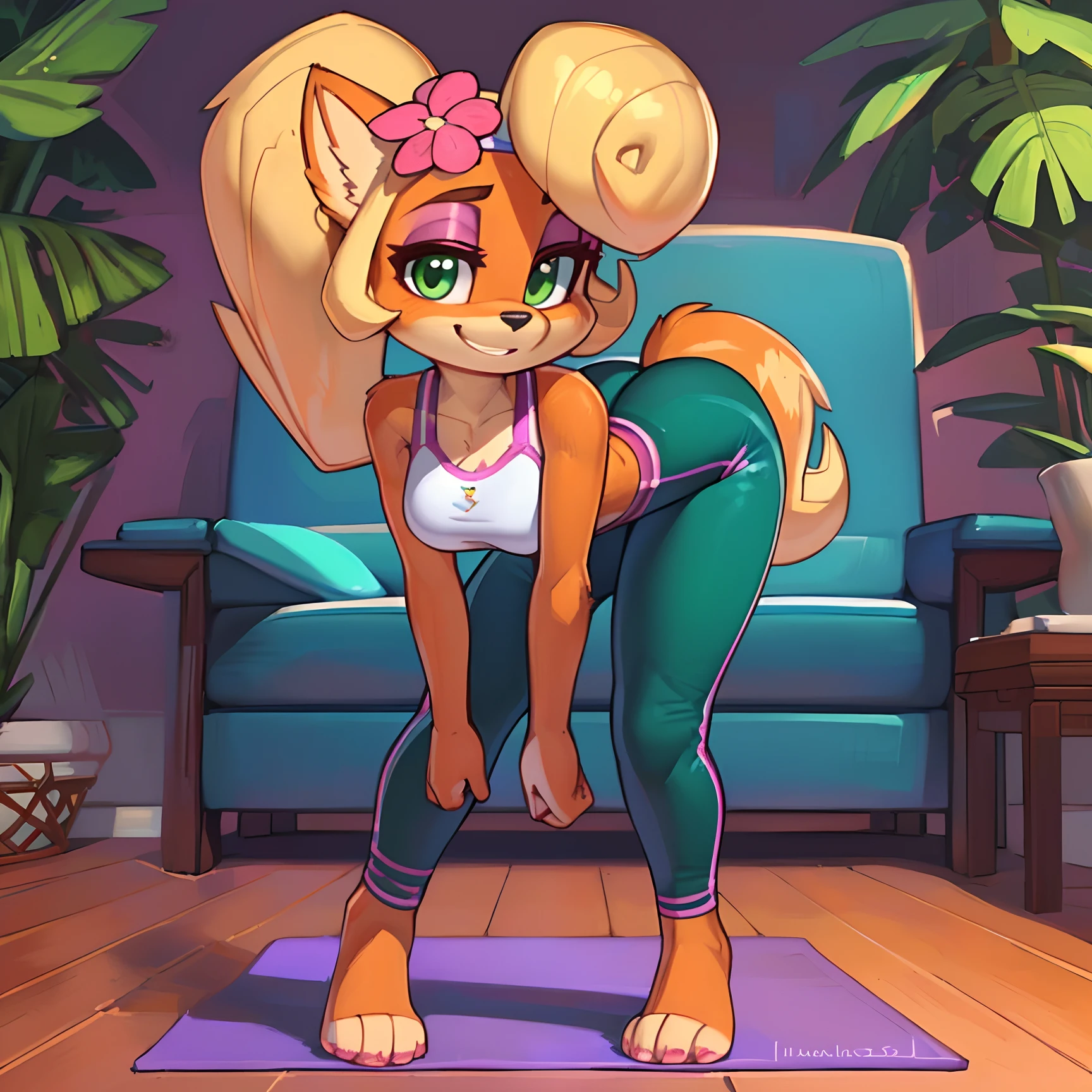 [Coco bandicoot], [Uploaded to e621.net; (Pixelsketcher), (wamudraws)], ((masterpiece)), ((high quality)), ((HD)), ((solo portrait)), ((full body)), ((front view)), ((furry; anthro)), ((detailed fur)), ((detailed shading)), ((beautiful render art)), ((front view)), ((feet visible)), ((intricate details)), {anthro; orange fur, black nose, (cute green eyes), (short eyelashes), (pink eyeshadow), (cute smile), blonde curly hair, curly ponytail, (beautiful feet)}, {(white sports bra), (small boobs), (tight teal spandex yoga pants pink line), (pink flower on head)}, {(on yoga mat), (standing), (bending over), (looking at viewer)}, [background; (tropical forest), (living room), (sun rays), (pink smartphone)]