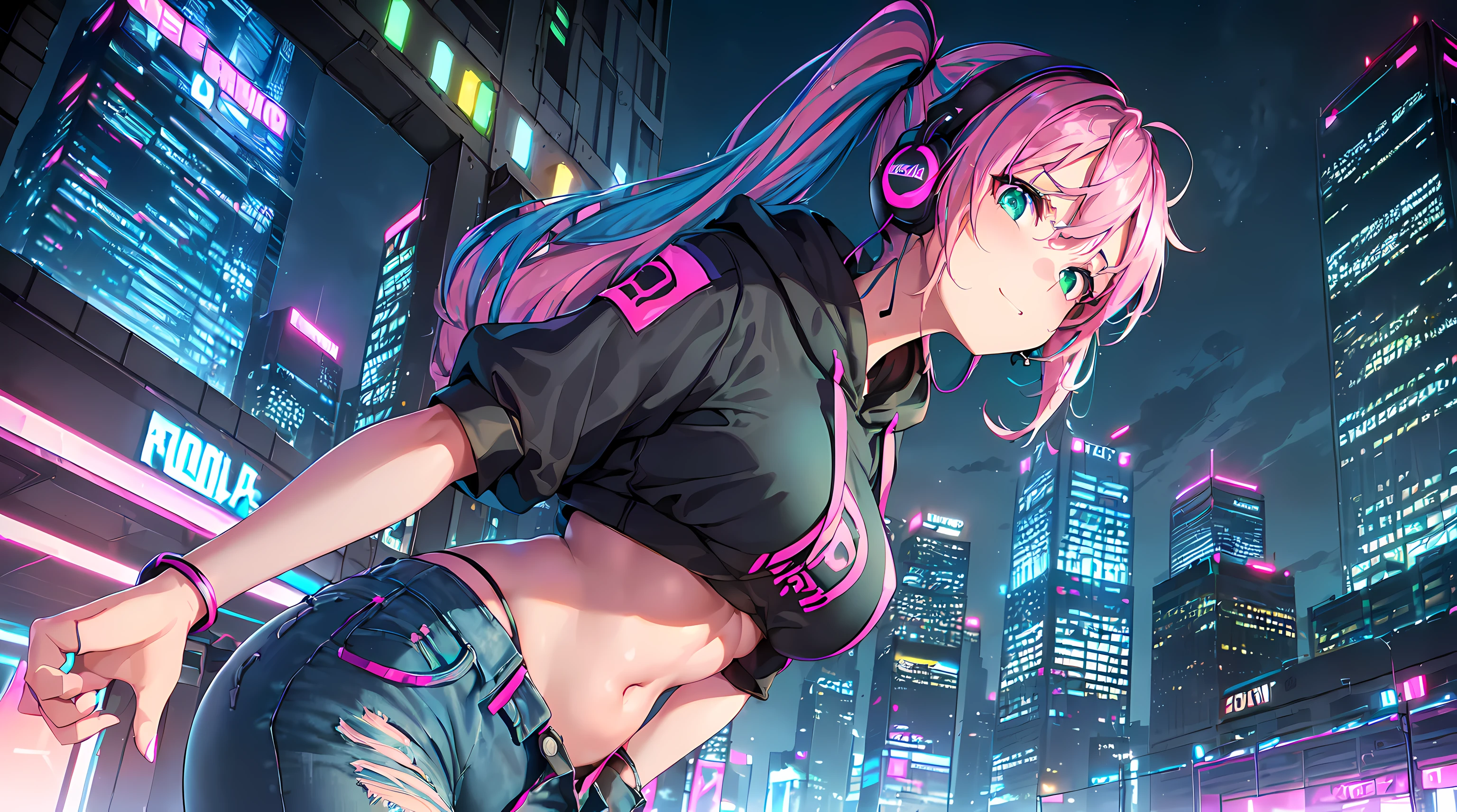 masterpiece, 1girl ((20year old, Black short sleeve hoodie exposes navel, tight blue jeans, medium breasts, multicolor pink hair, twin ponytails, green eyes, Happiness, headphones, urban cityscape at night, neon lights and towering skyscrapers, futuristic and energetic atmosphere))