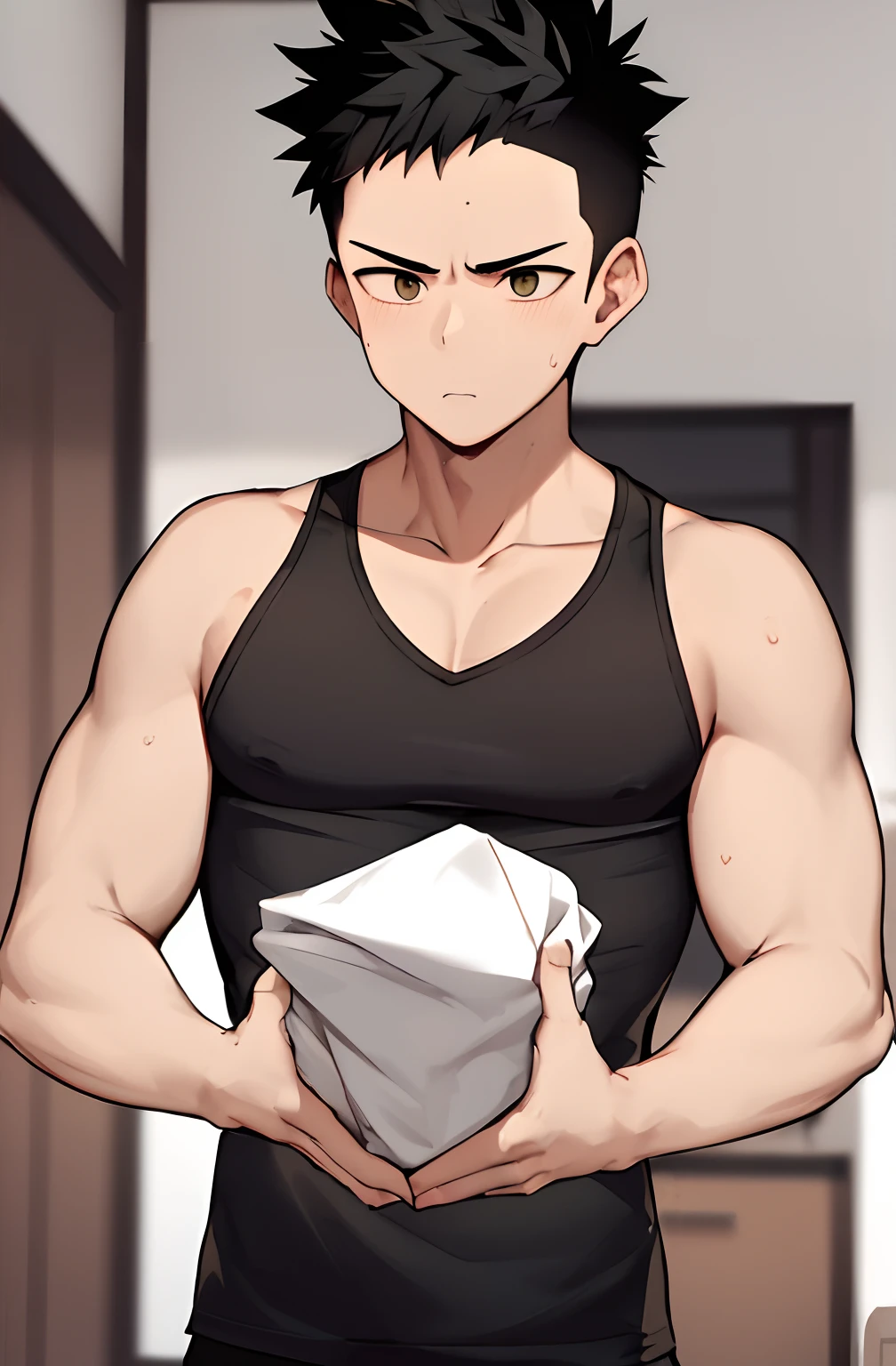 Asian, Neutral,1boy, absurderes, bare shoulders​, Black tank top, A dark-haired, training gym, Chamakou, Hi-Res, looking at away, Men's Focus, musculature, well-muscled,male people,shorth hair, spiked hair, perspiring, Tank Tops, Hold dumbbells