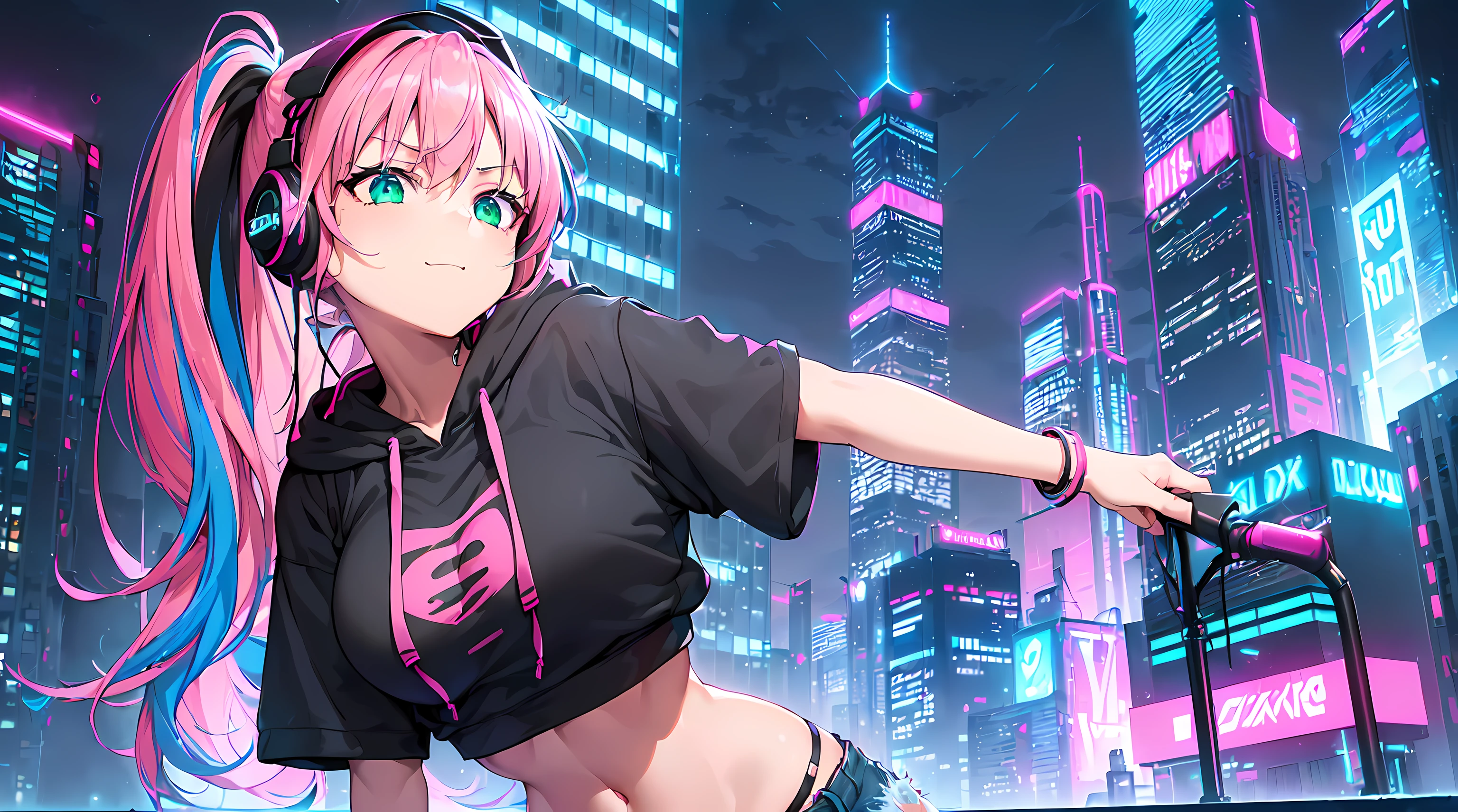 ​masterpiece, 1girl ((20year old, Black short sleeve hoodie exposes navel, tight blue jeans, medium breasts, multicolor pink hair, twin ponytails, green eyes, Happiness, headphones, urban cityscape at night, neon lights and towering skyscrapers, futuristic and energetic atmosphere)）