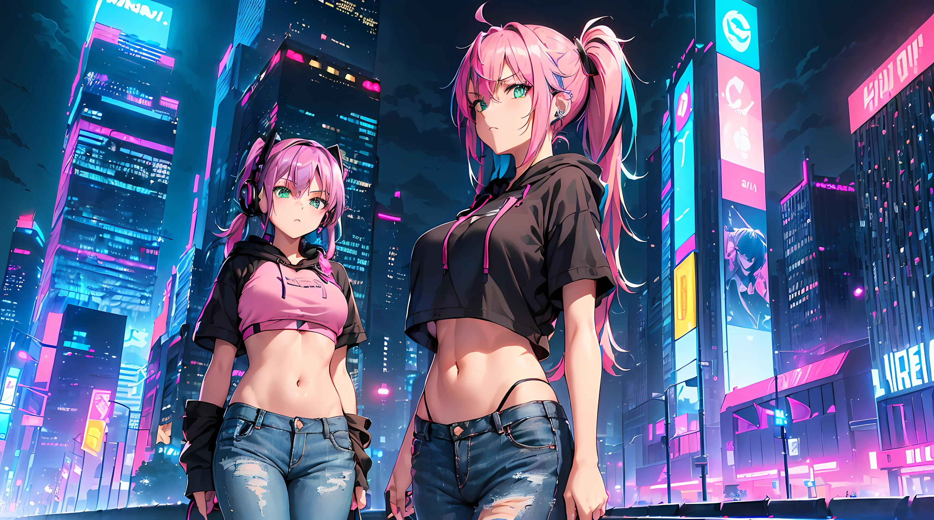 ​masterpiece, 1girl ((20year old, Black short sleeve hoodie exposes navel, tight blue jeans, medium breasts, multicolor pink hair, twin ponytails, green eyes, firting, headphones, walking in an urban cityscape street at night, neon lights and towering skyscrapers, futuristic and energetic atmosphere)）