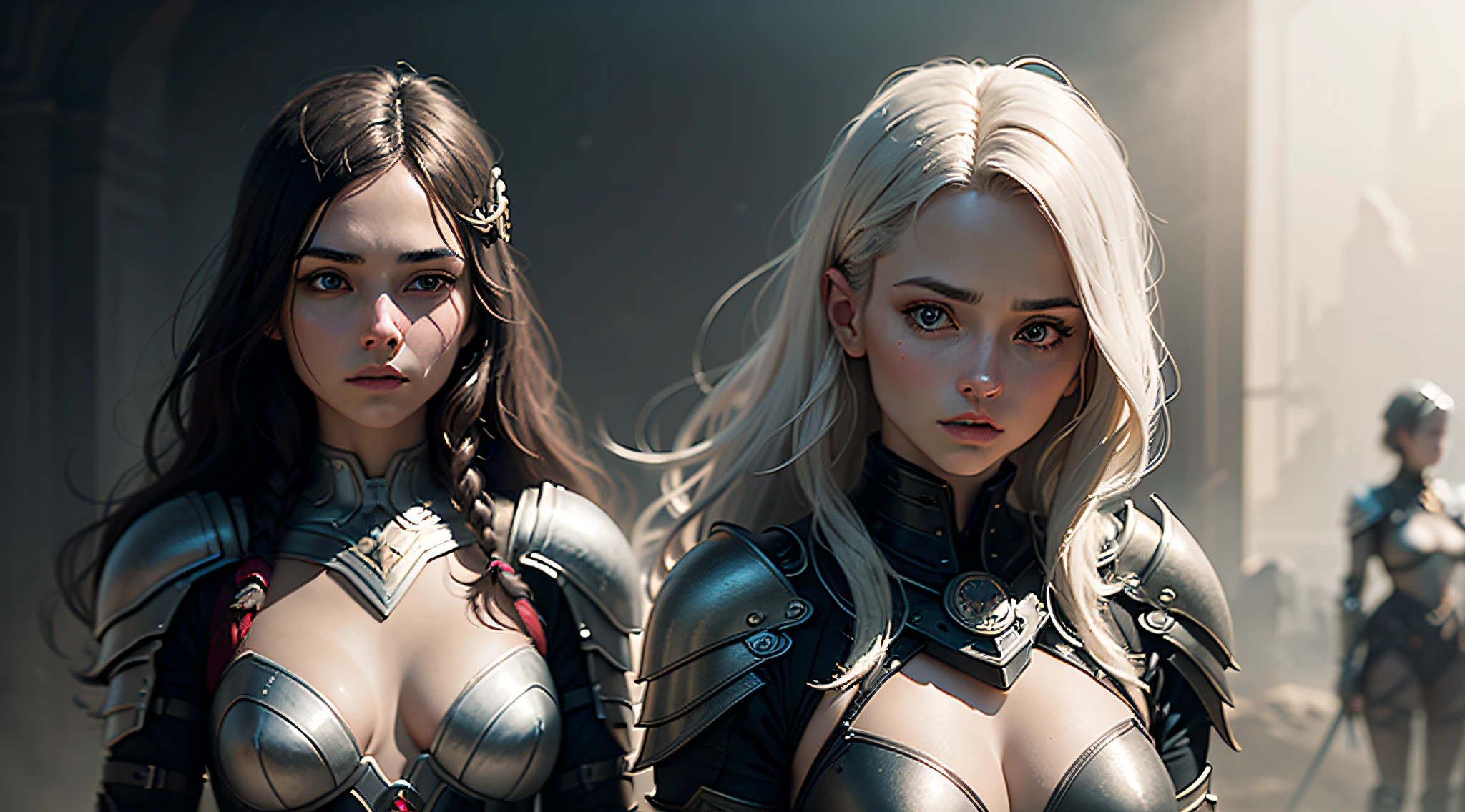 there are two women in armor standing next to each other, highly detailed surreal vfx, inspired by Peter Lindbergh, desaturated and muted colors, inspired by Nikola Avramov, clockpunk, detailed and beautiful faces, by Steven James Petruccio, prometheus (2012)