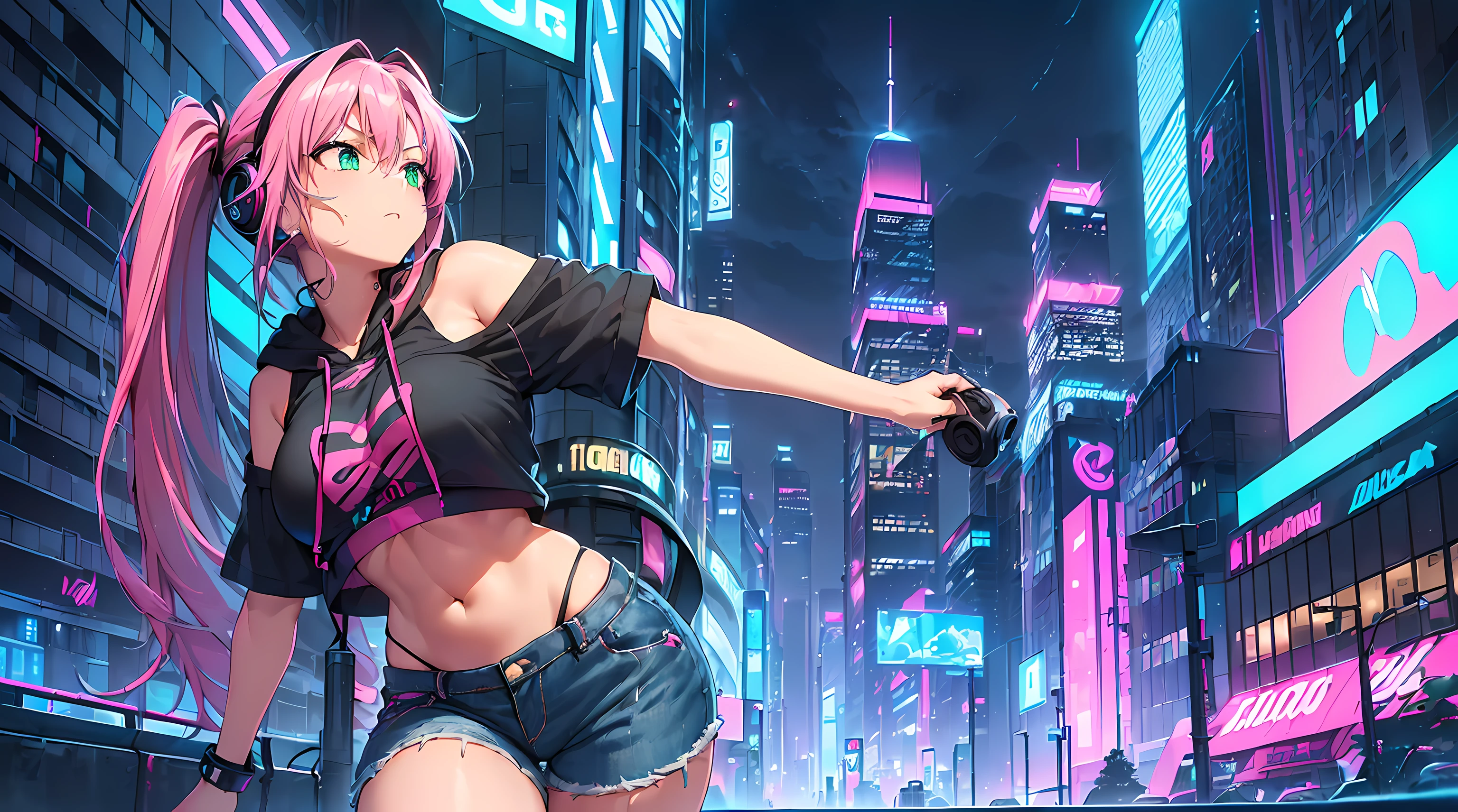 masterpiece, 1girl ((20year old, Black short sleeve hoodie exposes navel, tight blue jeans, medium breasts, multicolor pink hair, twin ponytails, green eyes, firting, headphones, walking in an urban cityscape street at night, neon lights and towering skyscrapers, futuristic and energetic atmosphere))