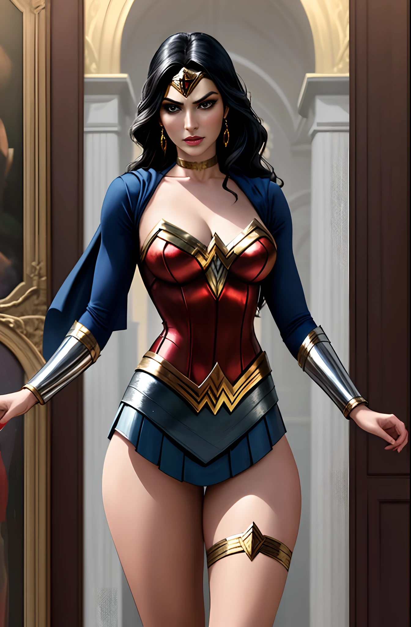 (masterpiece:1.4), (best quality:1.4). A hyper-realistic image generated by artificial intelligence showing the heroine Wonder Woman at the moment of her triumph over the villain Two-Face at the Metropolis Museum of Art. La Mujer Maravilla se encuentra de pie en pose victoriosa, con su pie sobre el pecho de Dos Caras derrotado en el suelo. She wears her classic suit with red and blue corset, Golden bracelets and their magical bow tied around the villain's wrist. Her long black hair flutters behind her as she stares fiercely at her vanquished enemy.. Dos Caras yace inconsciente boca arriba, con su distintivo traje bipartito reflejando su dualidad. Around him are his henchmen also defeated. Al fondo se distingue la majestuosa arquitectura interior del Museo de Arte, with masterpieces still intact thanks to the timely intervention of the heroine. The image captures the defining moment when Wonder Woman has thwarted Two-Face's sinister plans with her superhuman powers and unwavering dedication to truth and justice..