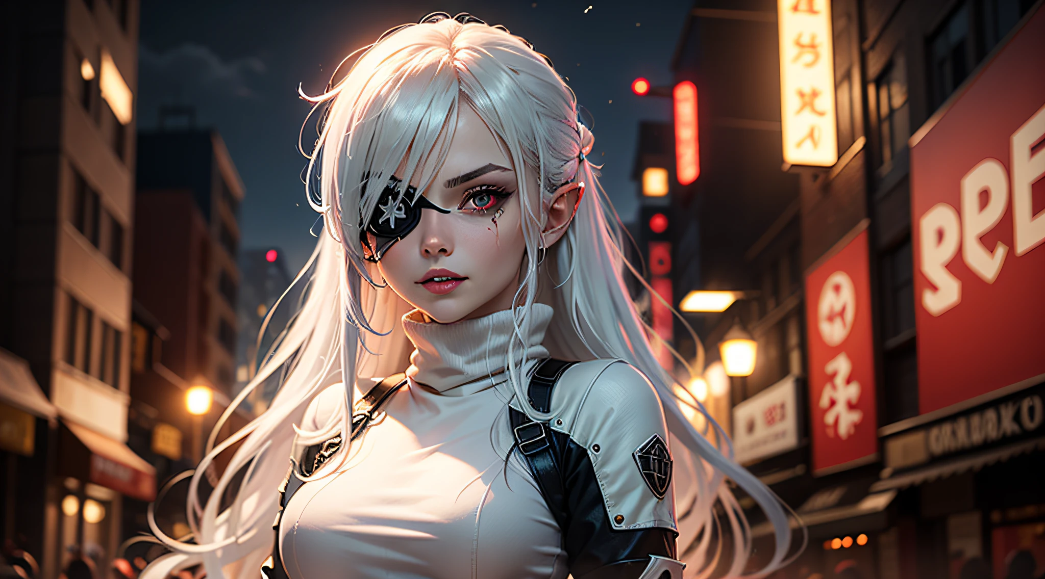 1girl, (solo), anime girl with long white hair and red eyes, girl with white hair, girl in white turtleneck, ((eyepatch)), pointed ears, ((vampire)), smirk, smug, closed mouth, cowboy shot, perfect white haired girl, white haired deity, digital cyberpunk anime art, turtleneck, lens flare, ((dramatic lighting)), soft glowing red eyes, extremely detailed, masterpiece, looking at viewer, city in background, (night)