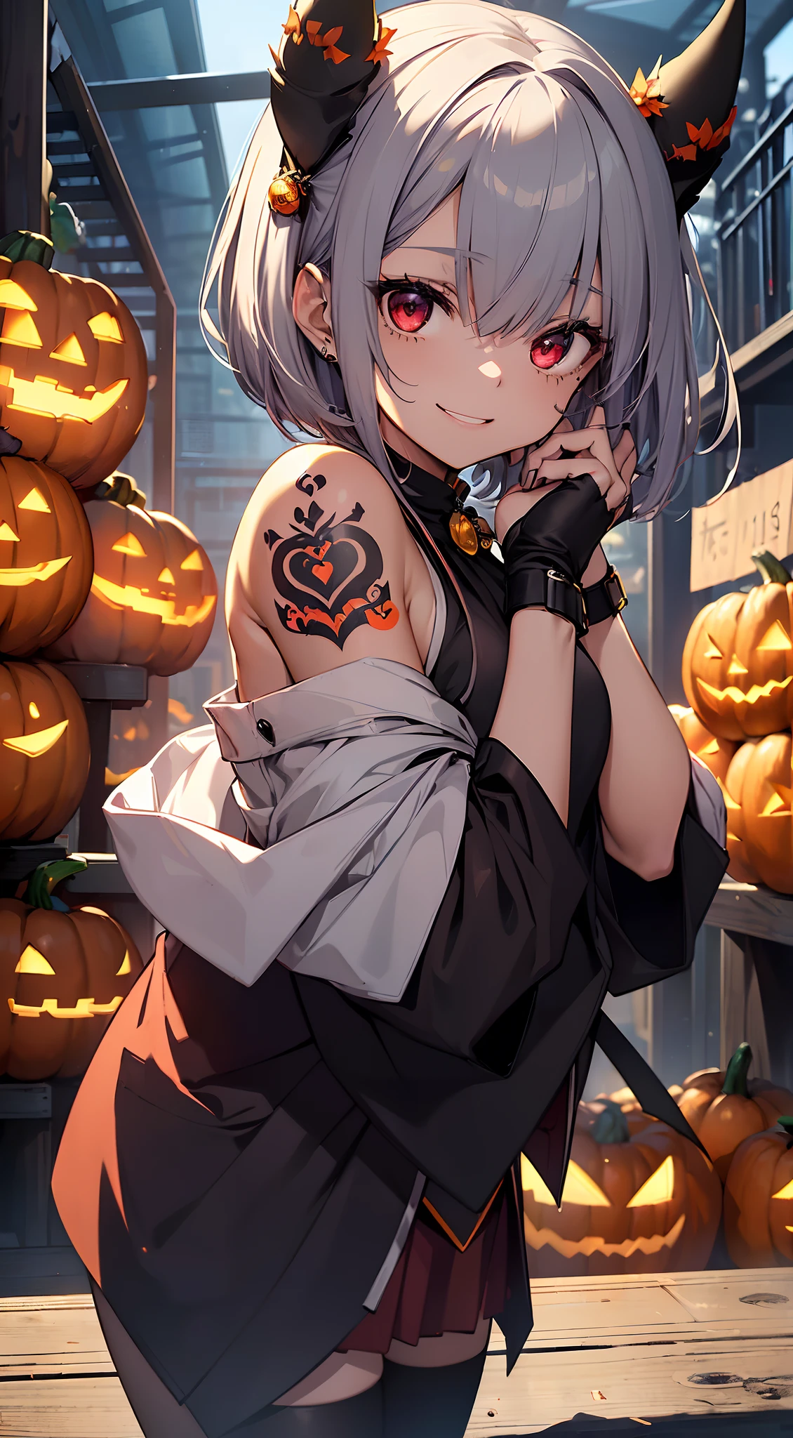 top-quality、Top image quality、in 8K,4K,masterpiece、(NSFW:1.1)、ultra-detailliert、Beautiful、ultra-quality、Beautiful fece、girl with(((18year old、Halloween Style Costumes:1.3、Little Devil 1:3、Bust 78、silber hair、a short bob、Red Eyes、erotick:1.4、Happiness、The tattoo)))、hiquality、visualart、Background with((Halloween 1.2))、masutepiece