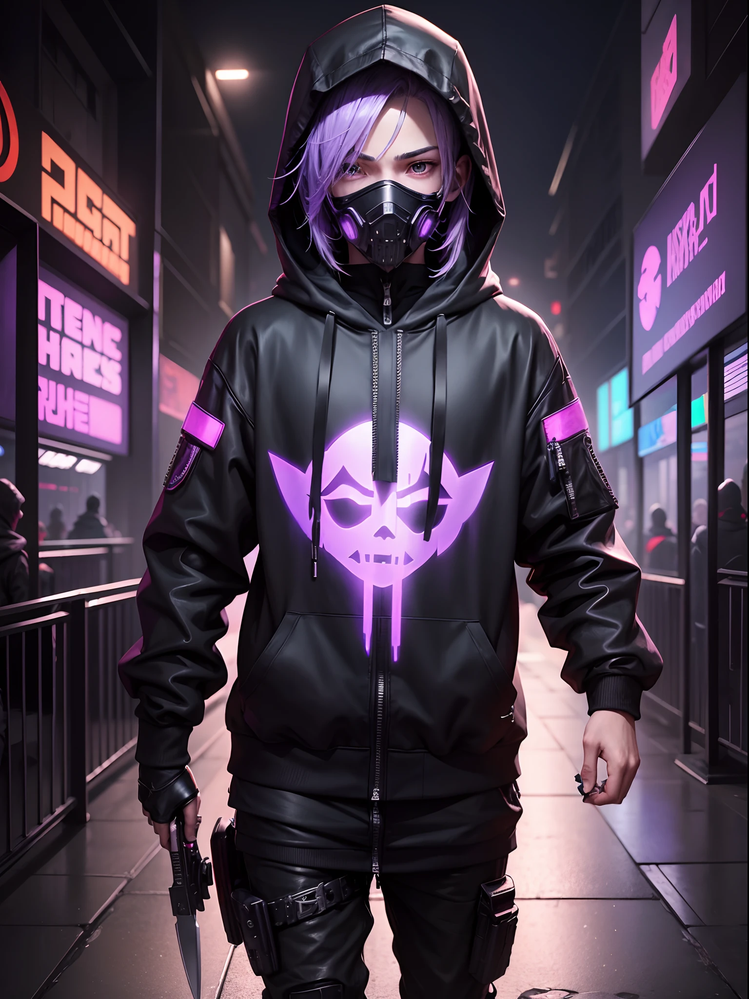 There is a boy wearing a ghost mask and a black hoodie，With a knife in his hand, Hyper-realistic cyberpunk style，Digital cyberpunk anime style，lavender colors