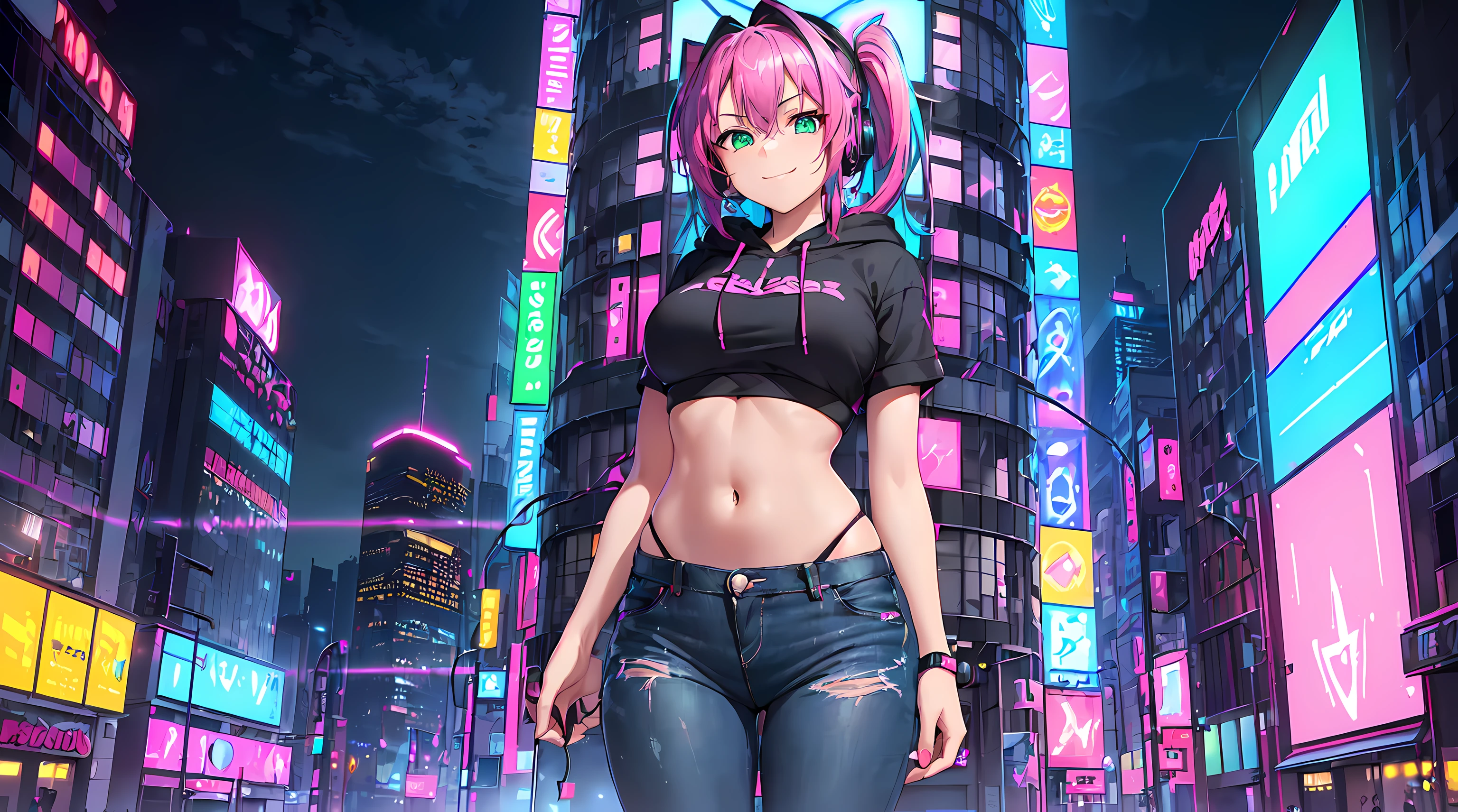 ​masterpiece, 1girl((20year old, Black short sleeve hoodie exposes navel, tight blue jeans, medium breasts, multicolor pink hair, twin ponytails, green eyes, flirting, smiling, headphones, standing in street at night, neon lights and towering skyscrapers, futuristic and energetic atmosphere)）