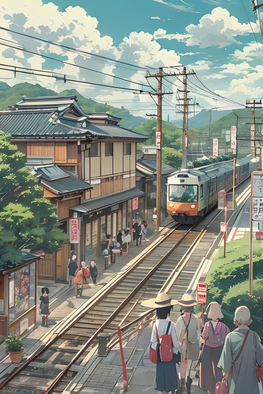 Centrally Japan Railway、Japan countryside、Cinematic scenery、Studio Ghibli、during daytime、Clouds,Crowds,masutepiece,Best Quality,Sketch style、