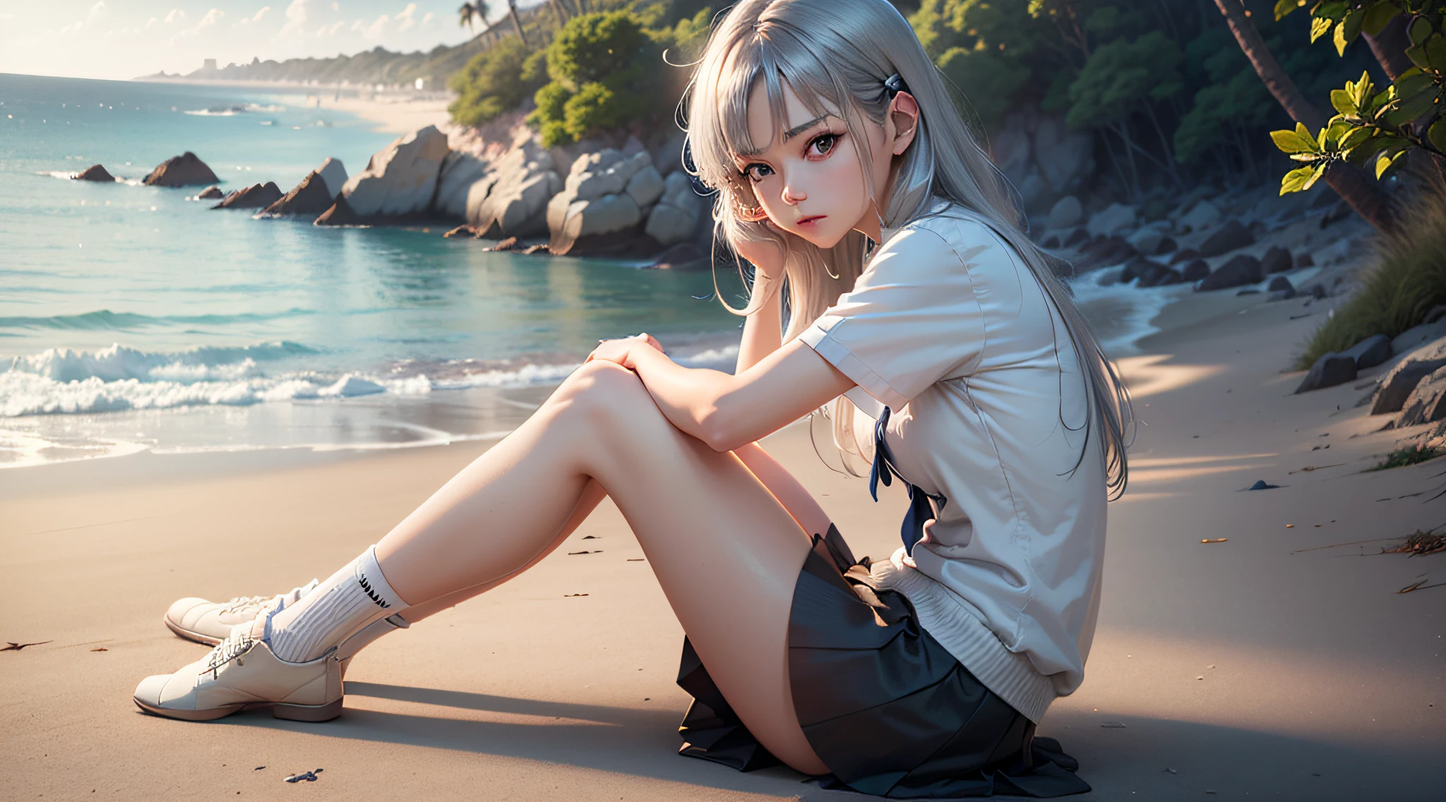 ((masterpiece)), ((best quality)), ((highres)), ((extremely detailed CG unity 8k wallpaper)), solo, tachibana kanade, tan school uniform, black skirt, white socks, outdoors, face, beach, hanging hair, parted hair, silver hair