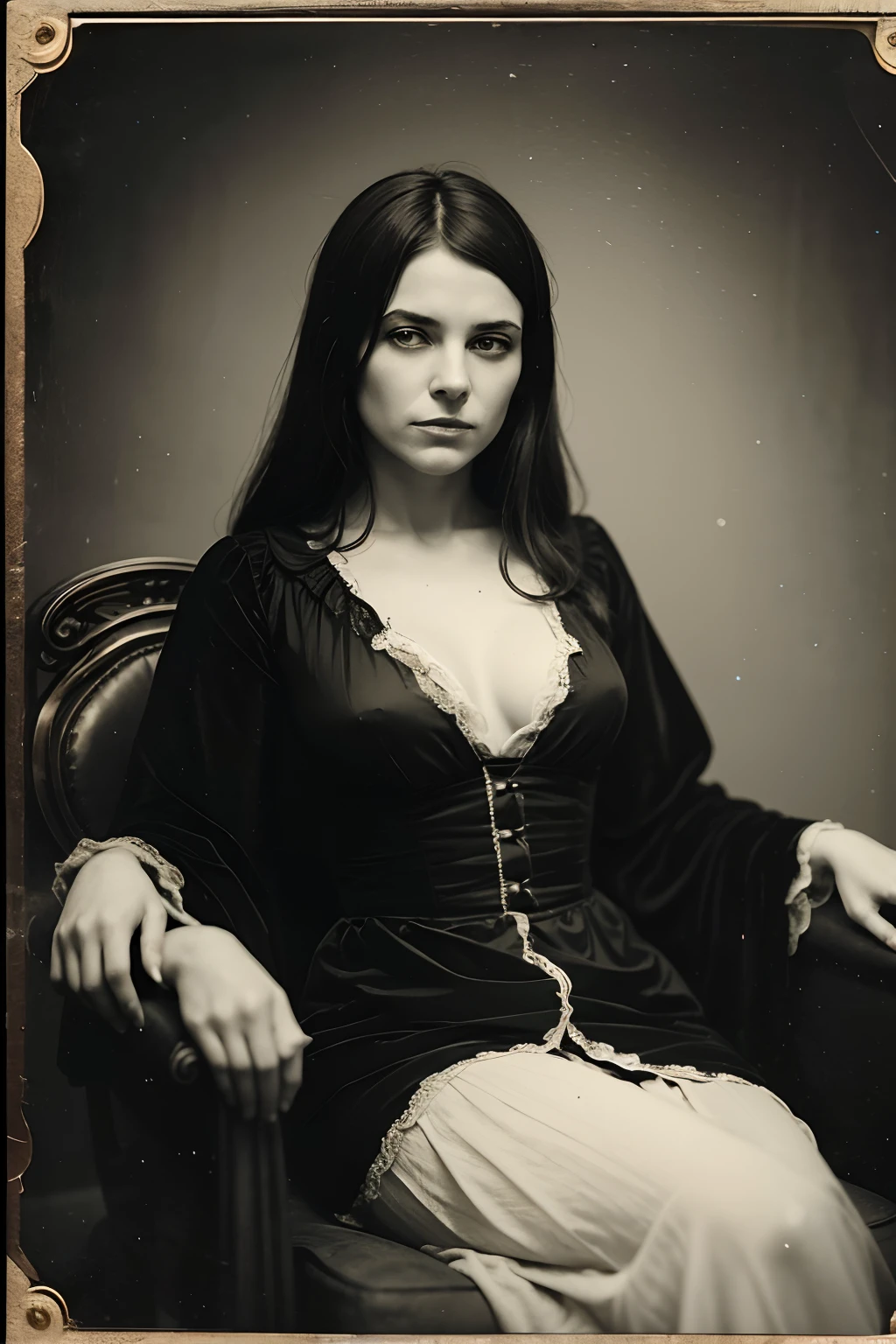 vintage tintype photograph, haunting woman on chaise lounge, she excretes white ectoplasm from nostrils, gossamer mist surrounds, black eyes full of fear, ghostly medium and somber in the exquisite New Orleans room she's in