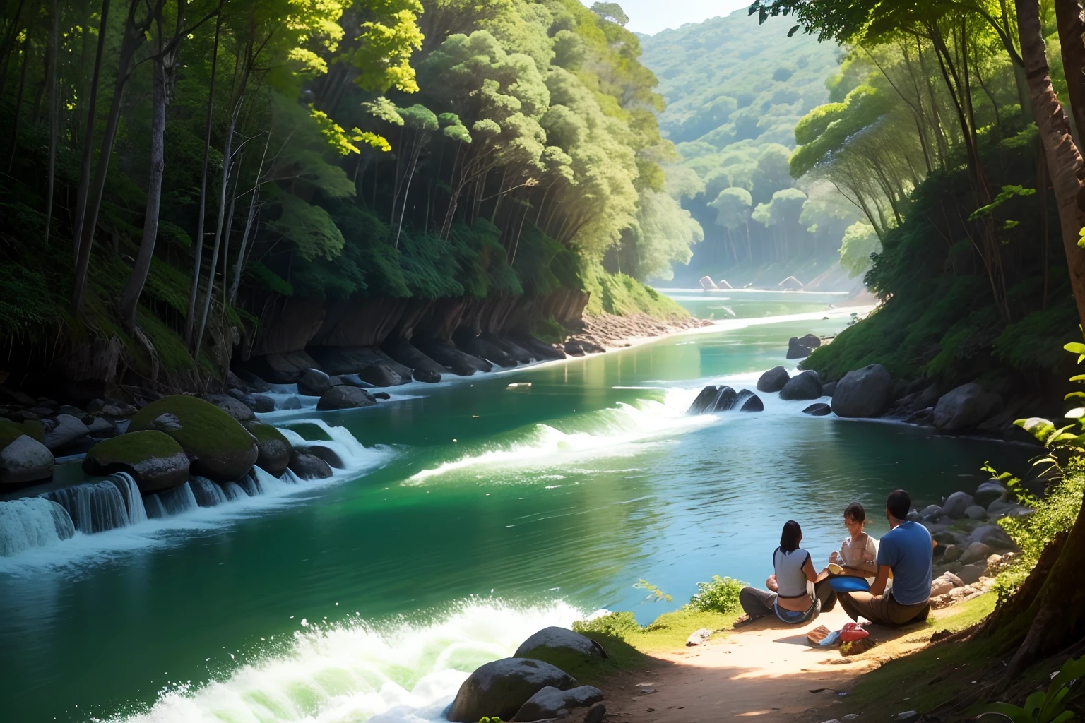 Uma cena que simboliza a aldeia vivendo em harmonia com a natureza, With people taking care of the trees, Rivers and Sanctuaries.