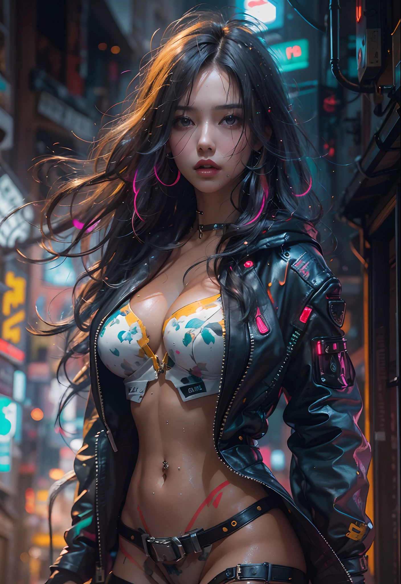 ((masterpiece))((highest quality))((27 year old girl,shoulder length highlight hair ))head to knee portrait ((she's seductively standing alluringly sexual revealing herself through opening her outfit. Her breasts are bursting out of her top. Her back is exposed. Huge buttocks.Partially exposed breast naked. )). ((Background is a Highly detailed cyberpunk club with multicolor LED lights. Graffiti .Luminous.))4k. Highly intricate details. Cinematic. Highly Reflective wet sidewalk. Full body portrait. 4k art by jeehyung lee