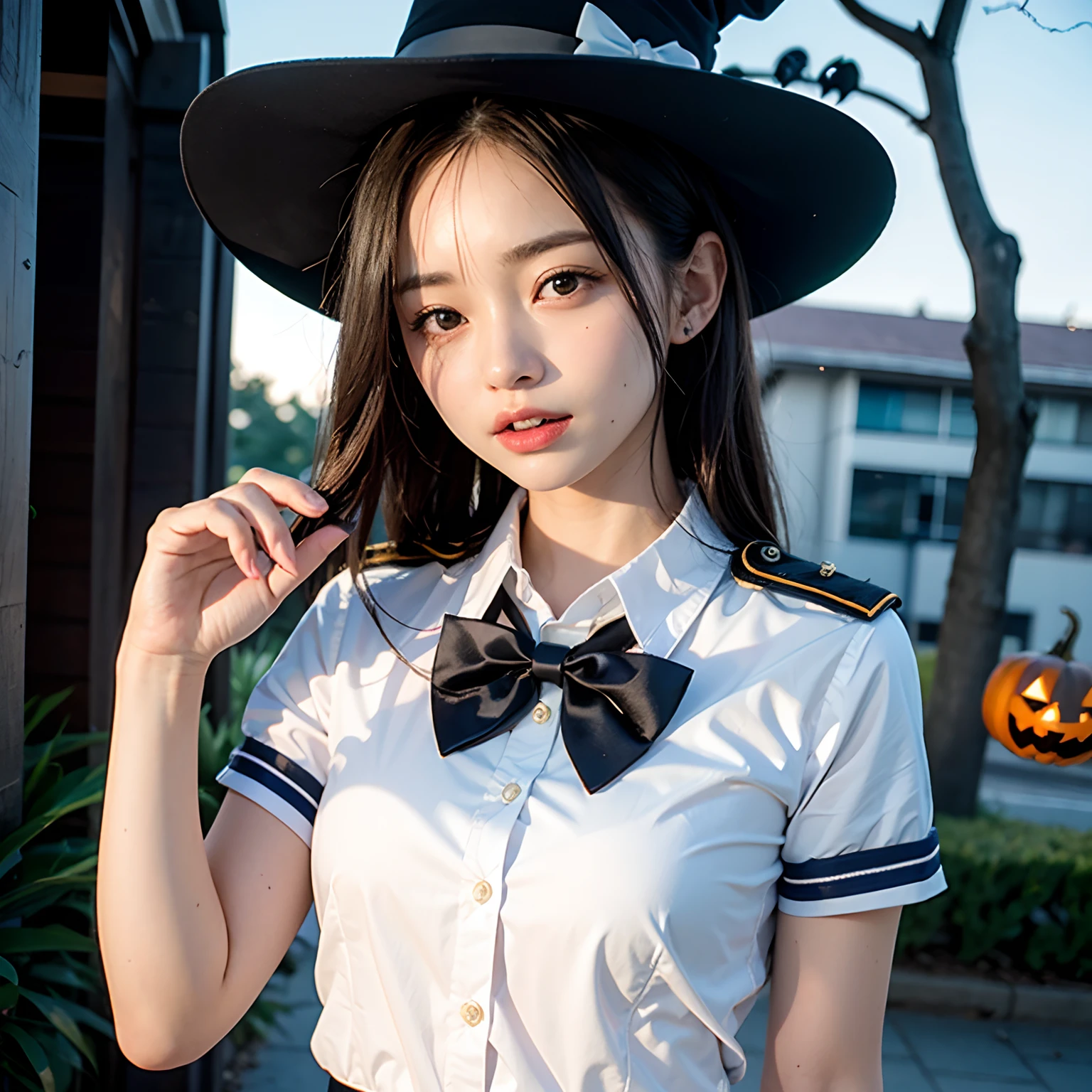 (masutepiece, Best Quality:1.2), 8K, Official art, Raw photo, full body Esbian、Facing up、skinny、years、small tits、Eyes closed、Deep sadness、Sorrow、look up sky、Open mouth、screeming、 unbelievable Ridiculous, (Upper body, Halloween Style Uniforms、Skirt underneath、serafuku:1.4), Beautiful Girl, Pretty Face, arching back down, cute panty、Gold hair ornament on hair、close up, School uniform, Short sleeve, gardenia, violaceaess, Teen, Street, Looking at Viewer, Film grain, chromatic abberation, Sharp Focus, face lights, Dynamic lighting, Cinematic lighting, Eyes and faces with detailed, Bokeh background, (1 dark red bow tie:1.2)