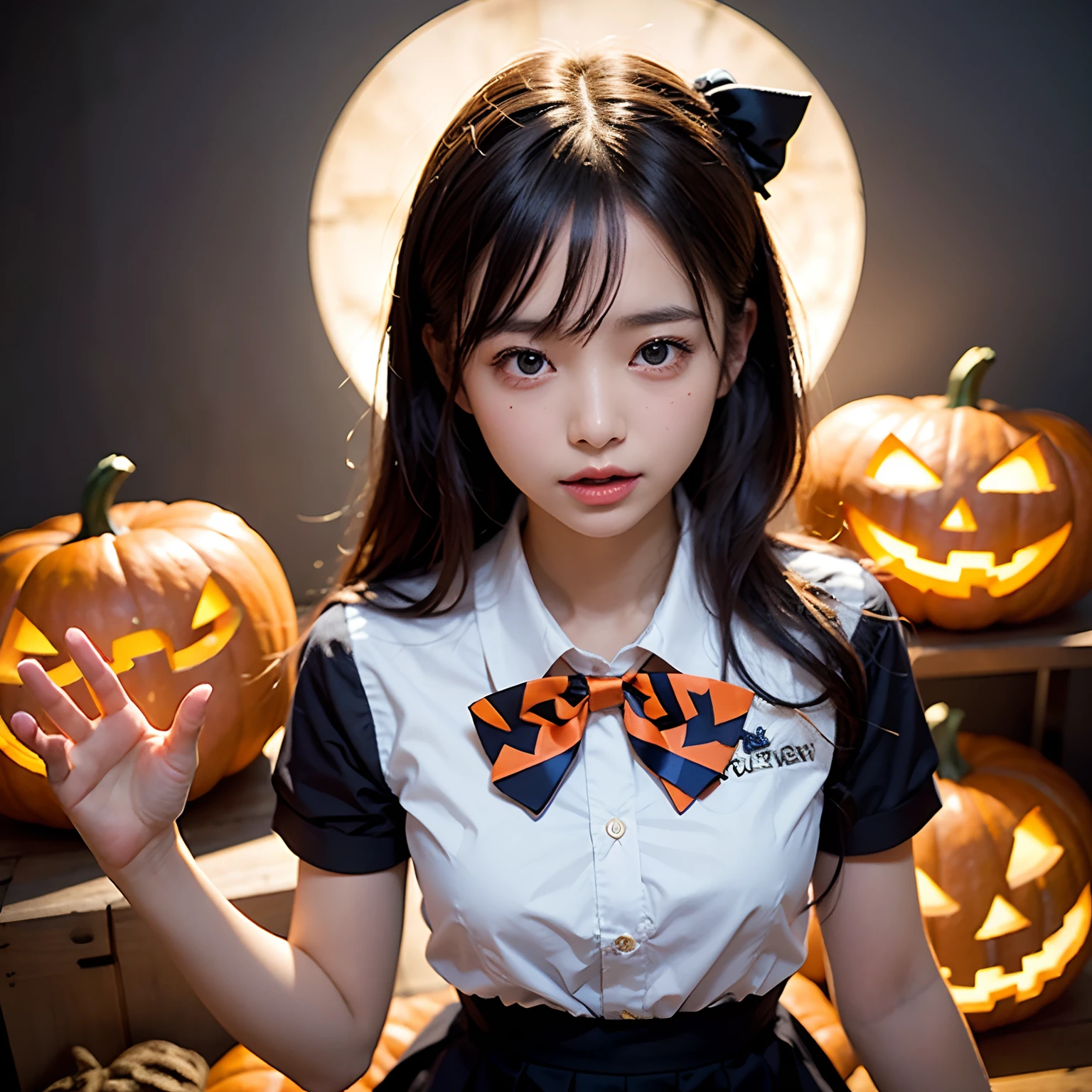 (masutepiece, Best Quality:1.2), 8K, Official art, Raw photo, full body Esbian、Facing up、skinny、years、small tits、Eyes closed、Deep sadness、Sorrow、look up sky、Open mouth、screeming、 unbelievable Ridiculous, (Upper body, Halloween Style Uniforms、Skirt underneath、serafuku:1.4), Beautiful Girl, Pretty Face, arching back down, cute panty、Gold hair ornament on hair、close up, School uniform, Short sleeve, gardenia, violaceaess, Teen, Street, Looking at Viewer, Film grain, chromatic abberation, Sharp Focus, face lights, Dynamic lighting, Cinematic lighting, Eyes and faces with detailed, Bokeh background, (1 dark red bow tie:1.2)