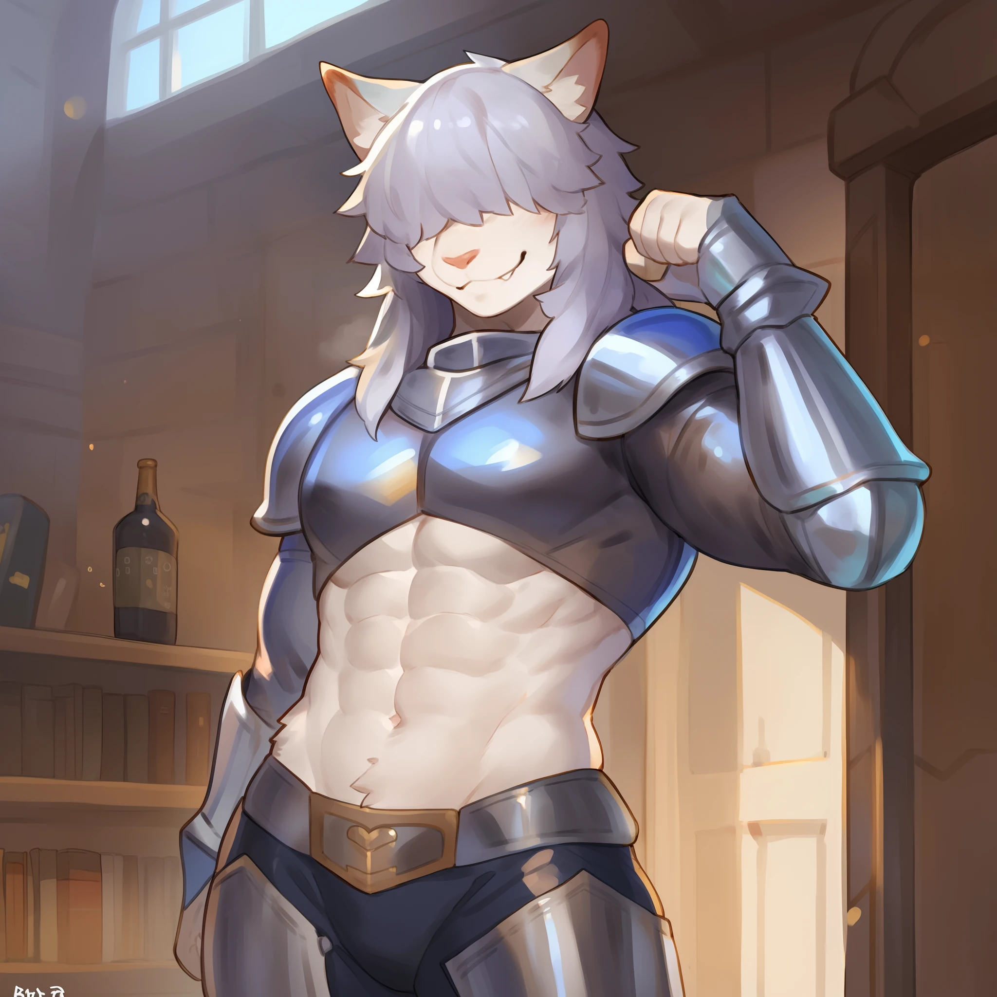 by glitter trap boy, by buta99, by bebebebebe, by chelodoy, solo, female, standing, hair, lips, (feline, snout, athletic, muscular, abs, hair over eyes, closed eyes), smirking, flexing, knight, silver armor