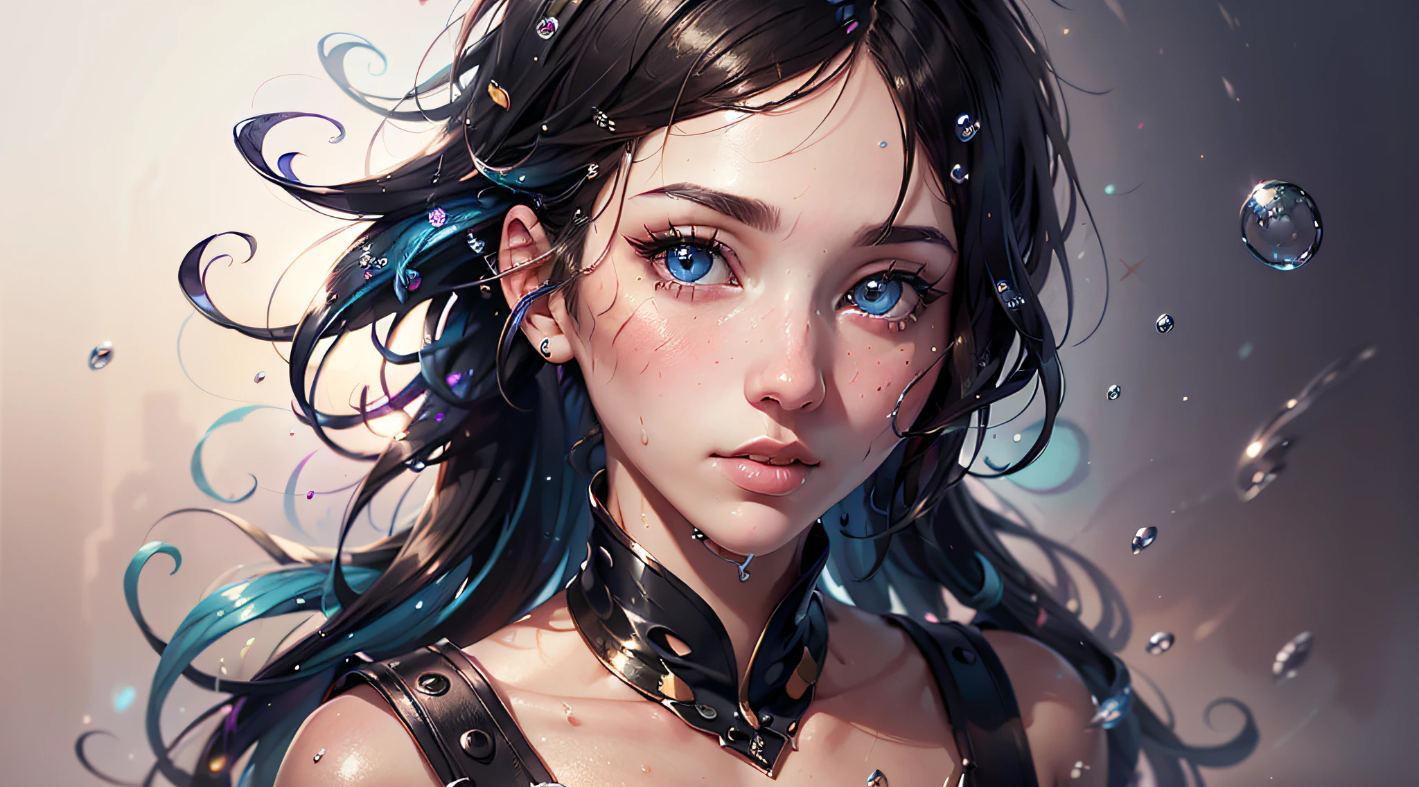 (masterpiece), (best quality), (ultra detailed),(messy hair),(illustration), ((1boy,1girl)), avatar, macro lens, (Fashionable clothing), standing,Fashion model, looking at viewer, ( interview), (simple background), beautiful detailed eyes, exquisite beauty, Floating, (high saturation), (colorful splashs), colorful bubble, (shining), focus on face,
