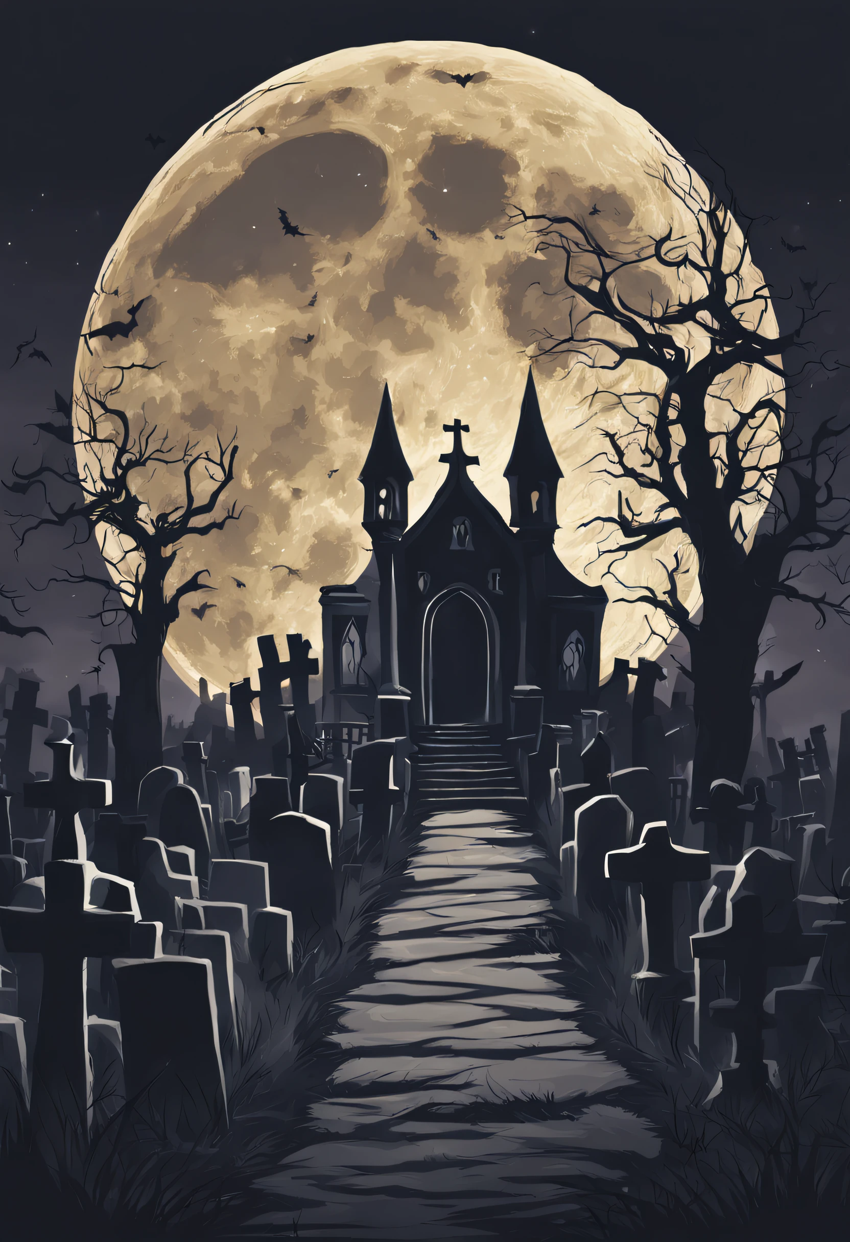 The moon shining on a haunted graveyard. Halloween background concept