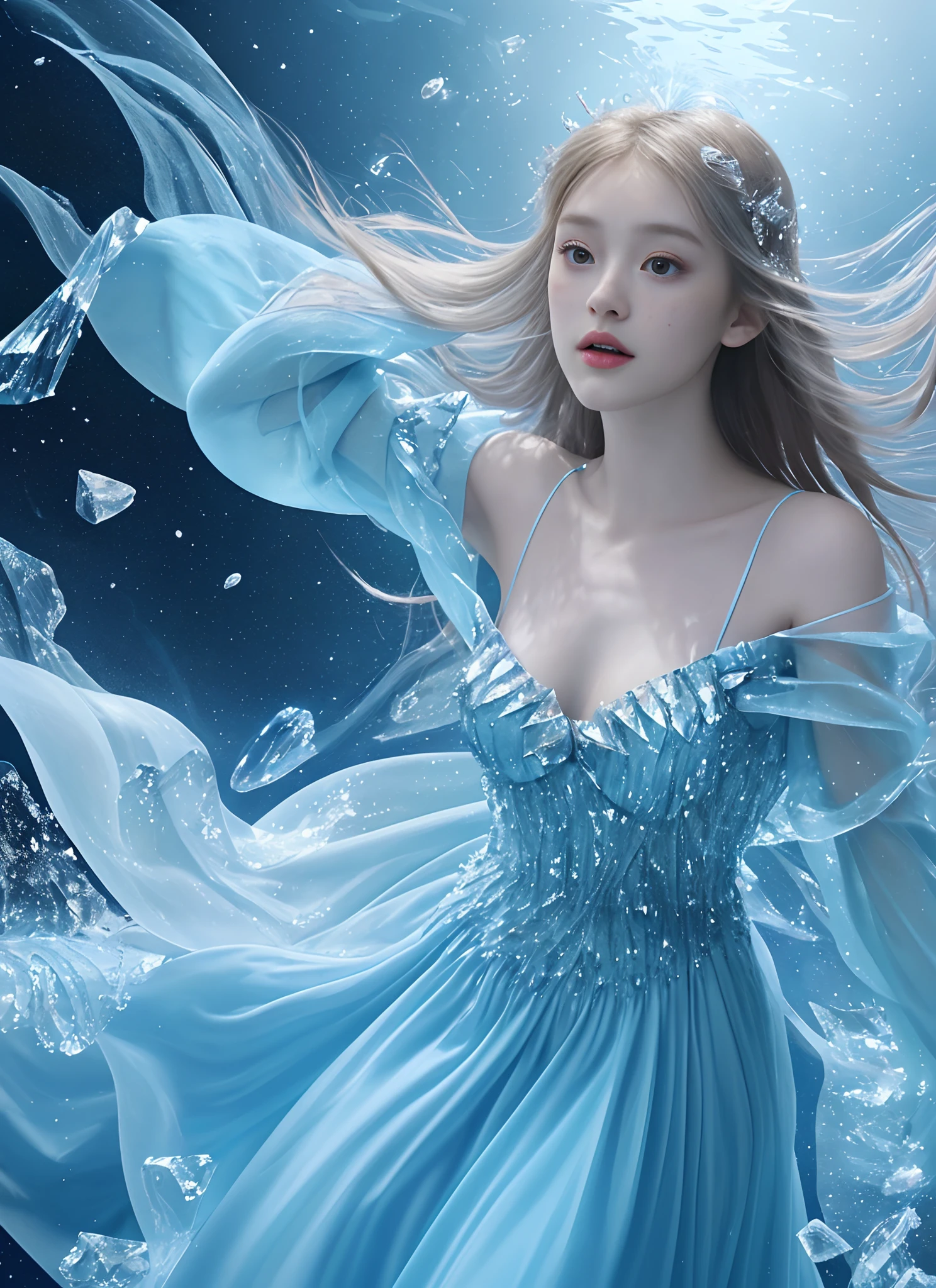 Masterpiece, Top Quality, Best, Official Art, Beautiful and Aesthetic, Long Exposure: 1.2) Smooth Movement, Fascinating Patterns, 1 Girl, (No Cleavage: 1.4) (Long Dress with Sleeves: 1.3) Blue Long Dress (small breasts: 12) bare shoulders, underage Russian woman, freckles, hair solo, upper body, watcher, detailed background, detailed face, (crystallineAl, crystalline theme: 1.1), elemental water sprite, spinning water, control Water, diamond clothes floating particles, ethereal dynamics, water, vapor, ocean in the background, blue tones, coast, ethereal atmosphere