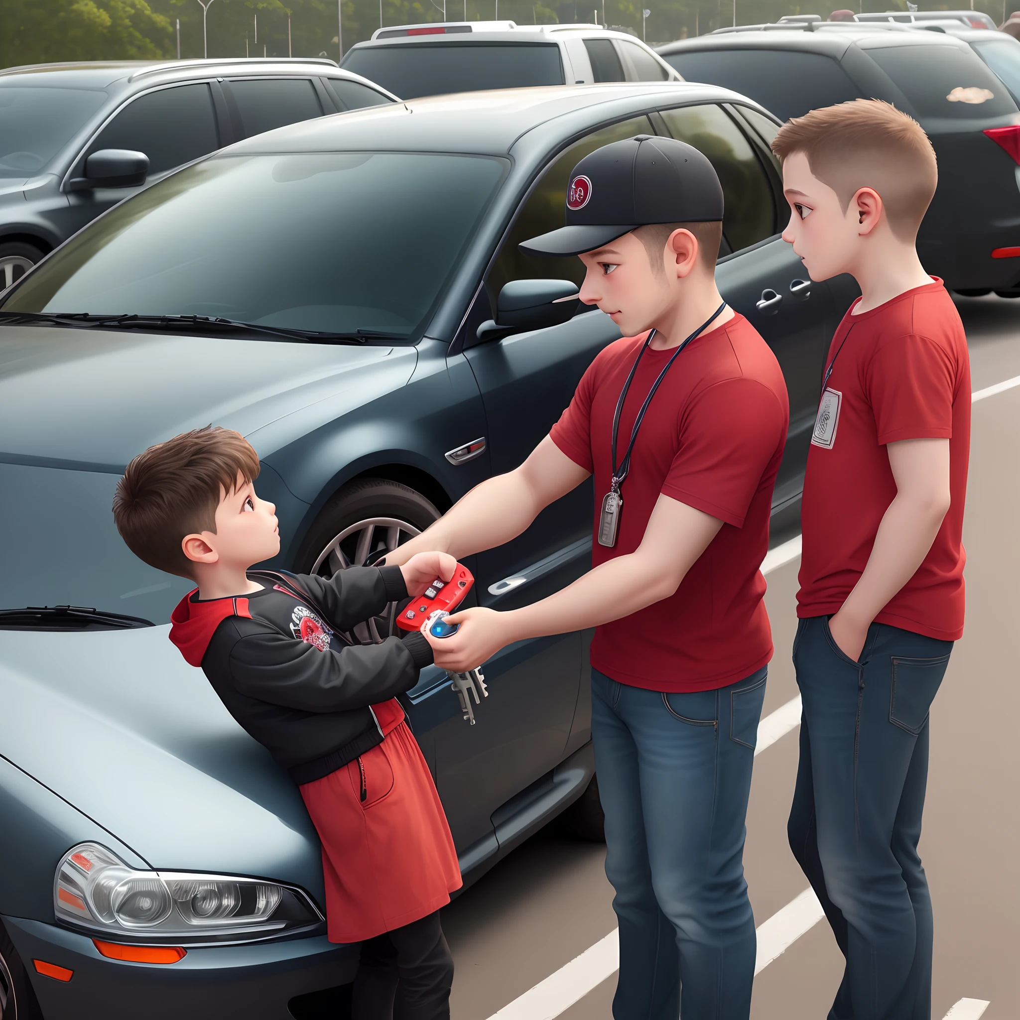 You'll see a man giving a car key to a child, no fundo da imagem um carro vermelho imagens de boa qualidade e realista bem detalhada