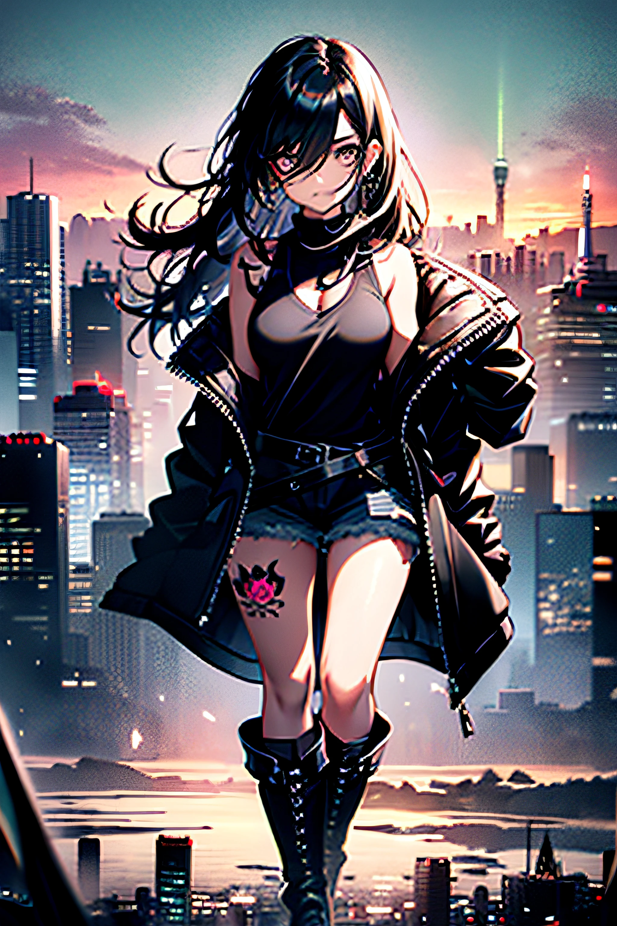 young white female with thick silky black hair, wearing a black tank top, leather black strapped boots, dark black eyes, big eyes, thick eyelashes, white pupils, body tattoos, earrings, large eyes, standing alone in an open grass field, green grass, green and purple sky, overviewing an endless skyline in the distance, northern lights, 8k high definition, leather jacket, dark eye bags underneath eyes, black fingernails, city skyline, city, mountain, windy, gothic emotional depth,