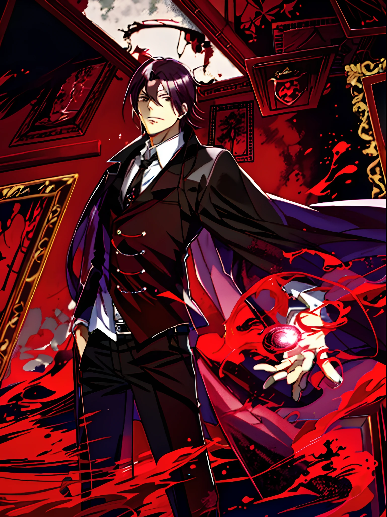 personagem de anime em um terno preto com uma gravata vermelha e uma gravata vermelha, dapper dream demon, Akane Owari Danganronpa, shigenori soejima illustration, sebastian michaelis, hijikata toushirou, visual chave anime de elegante, Helltaker, Gapmoe Yandere Grimdark, inspirado em Yamagata Hiro