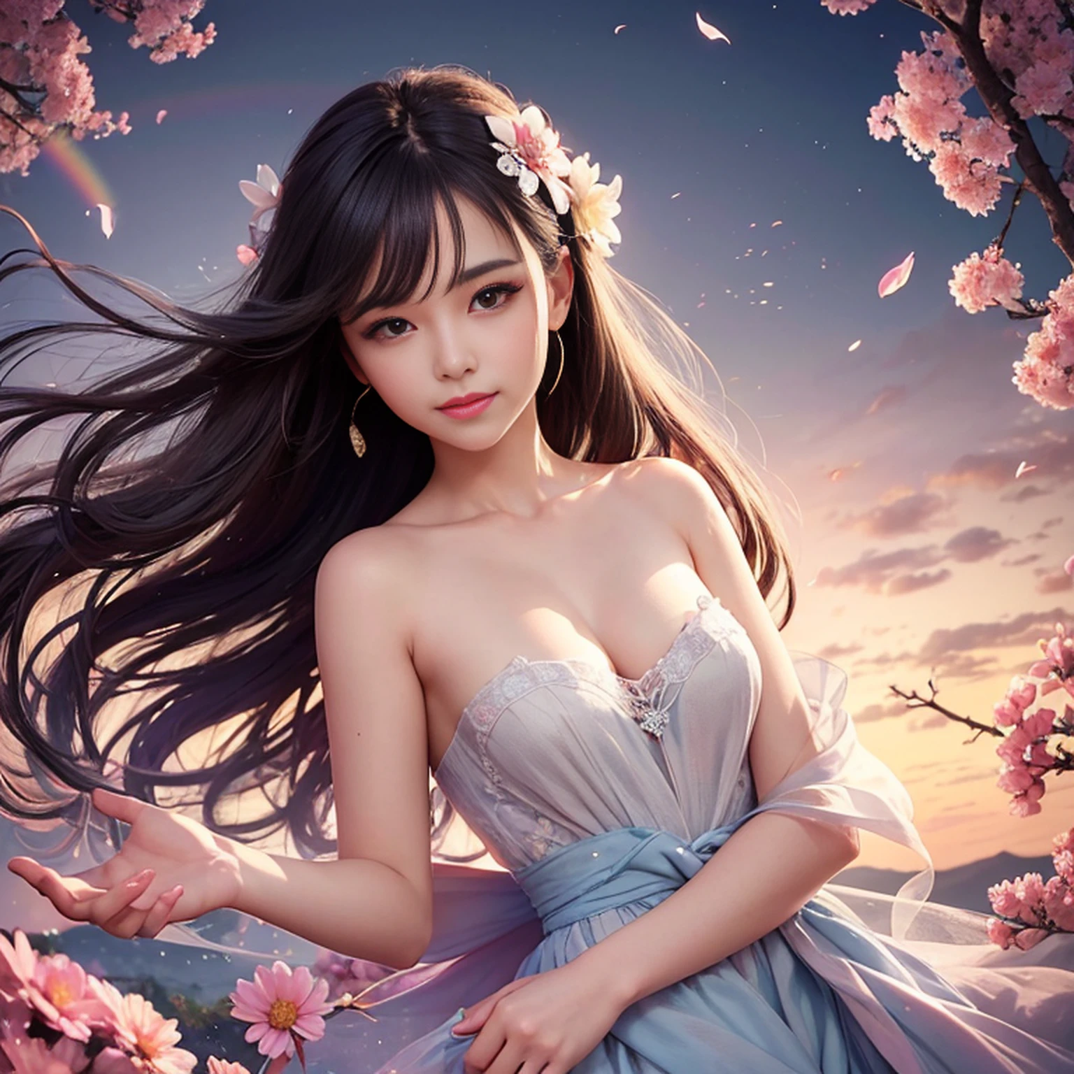 1girl, solo, corpo inteiro, (obra-prima:1.21), (melhor qualidade:1.2), colorido, (illustration:1.2), (cinematic lighthing:1.1), (ombros nus:1.21), (鎖骨:1.21) in this whimsical A beautiful and dreamlike garden, The scene is illuminated by a rainbow (vaga-lumes coloridos) Dancing in the air. O pastel adorna o jardim, creating a hazy and ethereal atmosphere. No centro da imagem, is a single girl, uma garota extremamente bonita, with charming facial features and an innocent expression. Seus longos cabelos tremulavam ao vento. Ela usava um vestido tomara que caia decotado que acentuava suas curvas. The lighting is very delicate and beautiful, creating a soft, warm sheen that accentuates the water and makes it glow like a diamond. The best grasses are also lit up to create a lush carpet. The garden is surrounded by fields of colorful flowers with flowers of all colors and shapes. Various colors and sizes (borboletas coloridas) podem ser vistos voando ao redor da cena, adding to the overall sense of wonder and magic. (Todos, judges), um blush pode ser visto na ponte do nariz, and the mouth is slightly opened, which increases the overall sense of innocence and youth. Falling petals can be seen waving around her, adding to the overall sense of romance and beauty. The breeze is blowing, the leaves are rustling and the flowers are swaying, aumentando o dinamismo e a vitalidade geral. It's a scene of pure wonder and magic, cheia de cor e beleza, onde o espectador pode se perder nesse mundo encantador e cativante