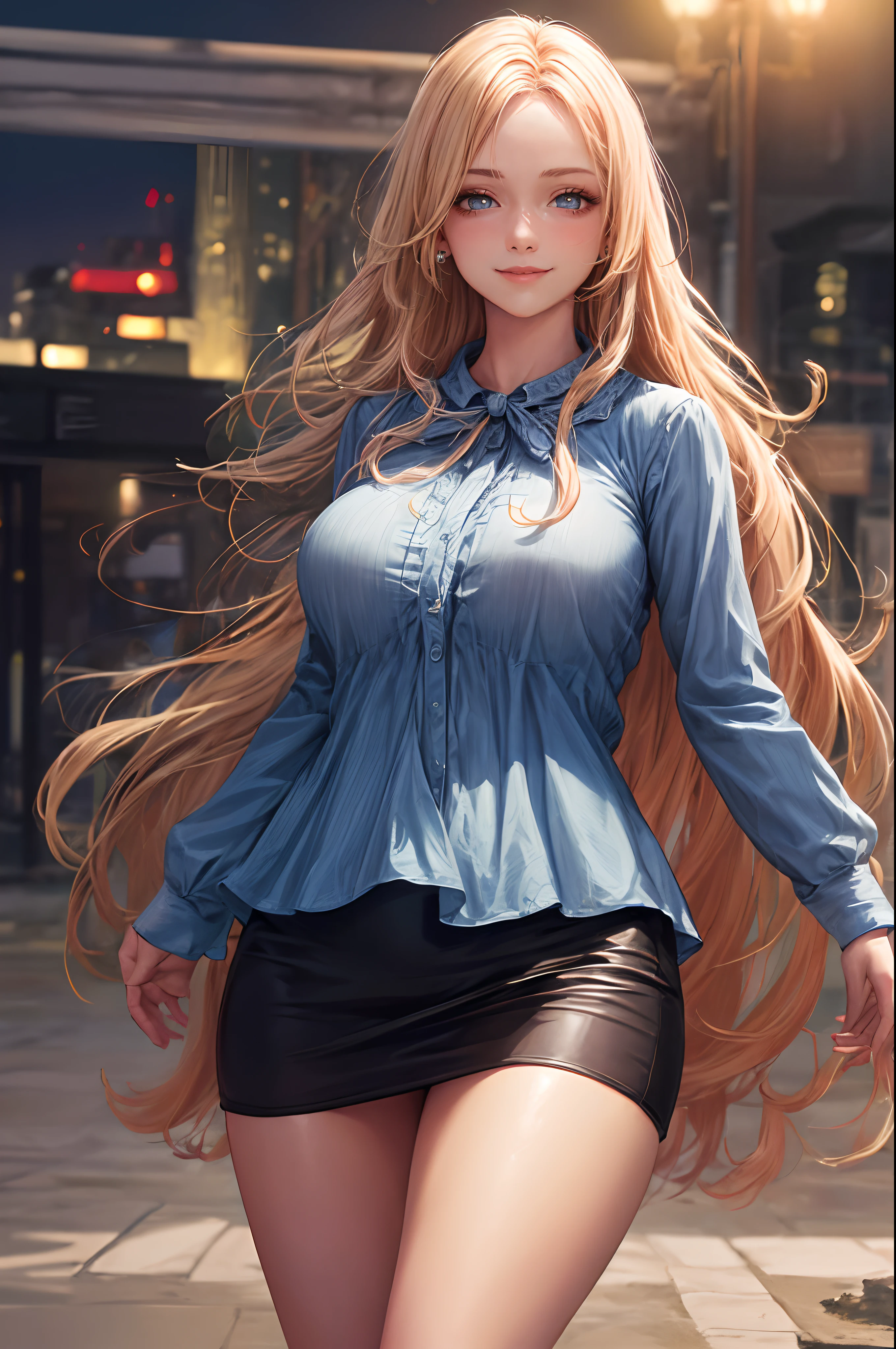 ((A beautiful and cute woman is changing her clothes)), ((A 22-year-old beauty)), ((A shy smile)), ((Long shiny hair)), ((A plump bust)), ((Miniskirt)), ((Blouse)), ((Gradient eyes)), ((The background is a night view of the city)), Attractive makeup, Single view, NFFSW, UHD, Retina, Masterpiece, Accurate, Anatomically, Scientifically Correct, Textured Skin, Super Detail, High Detail, High Quality, Award Winning, Top Quality, High Resolution, 1080P, HD, 4K, 8k, 16k