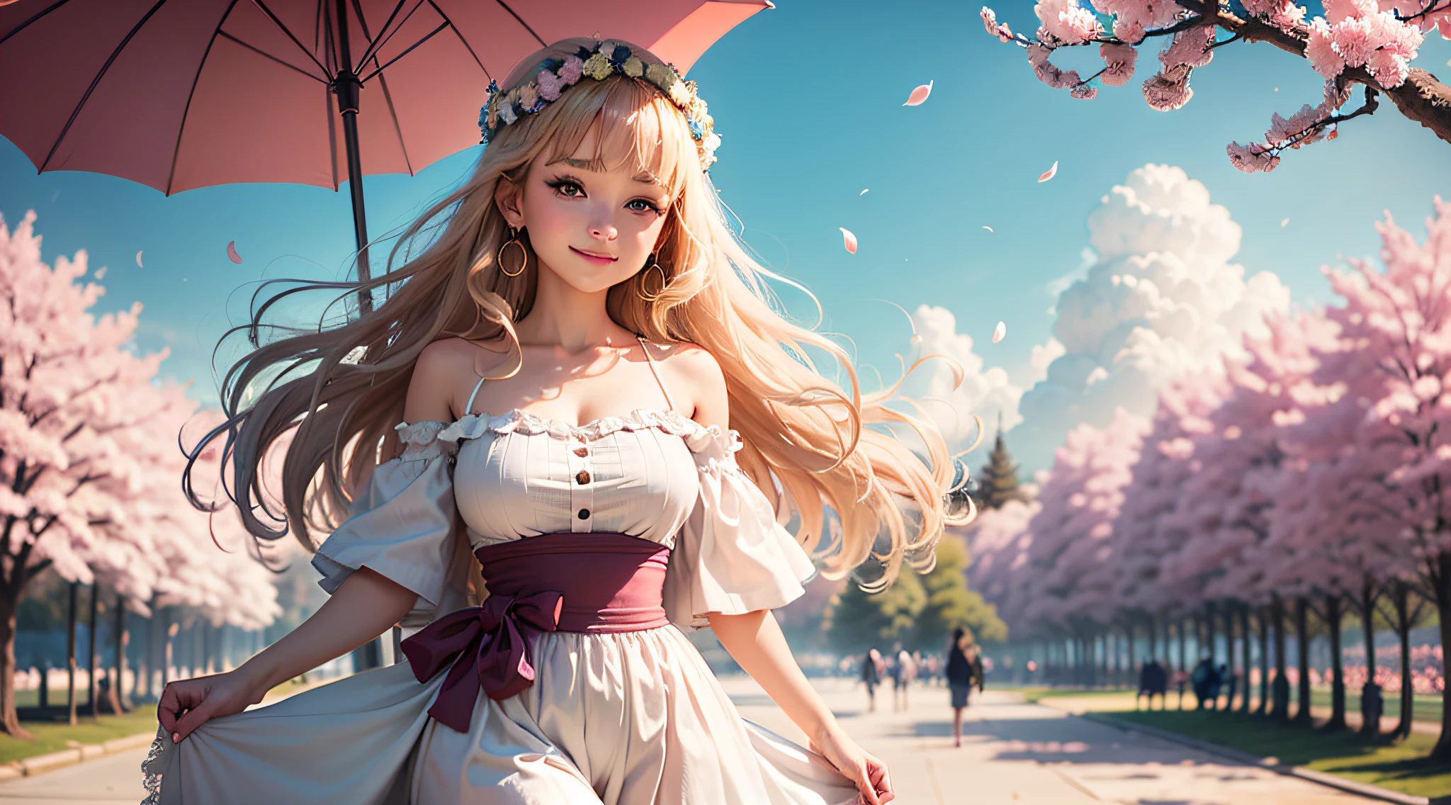 art by Cornflower, dreamy, cherry_blossoms, falling_petals, petals, branch, pink_flower, 1girl,20-year-old, blue_sky, spring_(season), petals_on_liquid, flower, hanami, dress, (Long blond curly hair：1.5),Wearing a wreath,sky, outdoors, cloud, bangs, smile, pink_eyes, White skirt with cherry blossom embellishments, bare_shoulders, earrings, holding_flower, wind, tree, looking_at_viewer,cowboy shot,