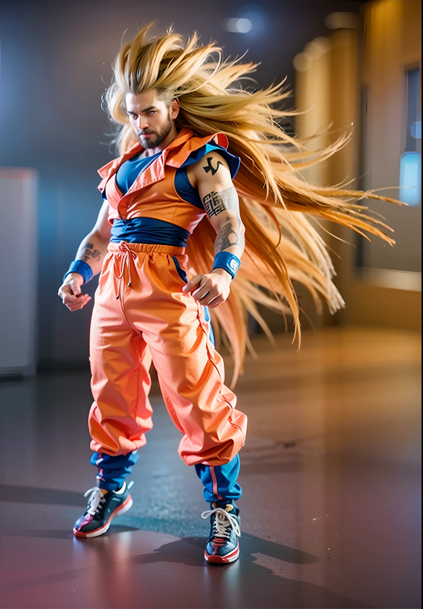 personagem masculino, longos cabelos loiros, camisa top laranja, camisa interna azul com mangas, pulseiras de pano azul, orange pants, Blue sneakers with red accents and orange drawstring