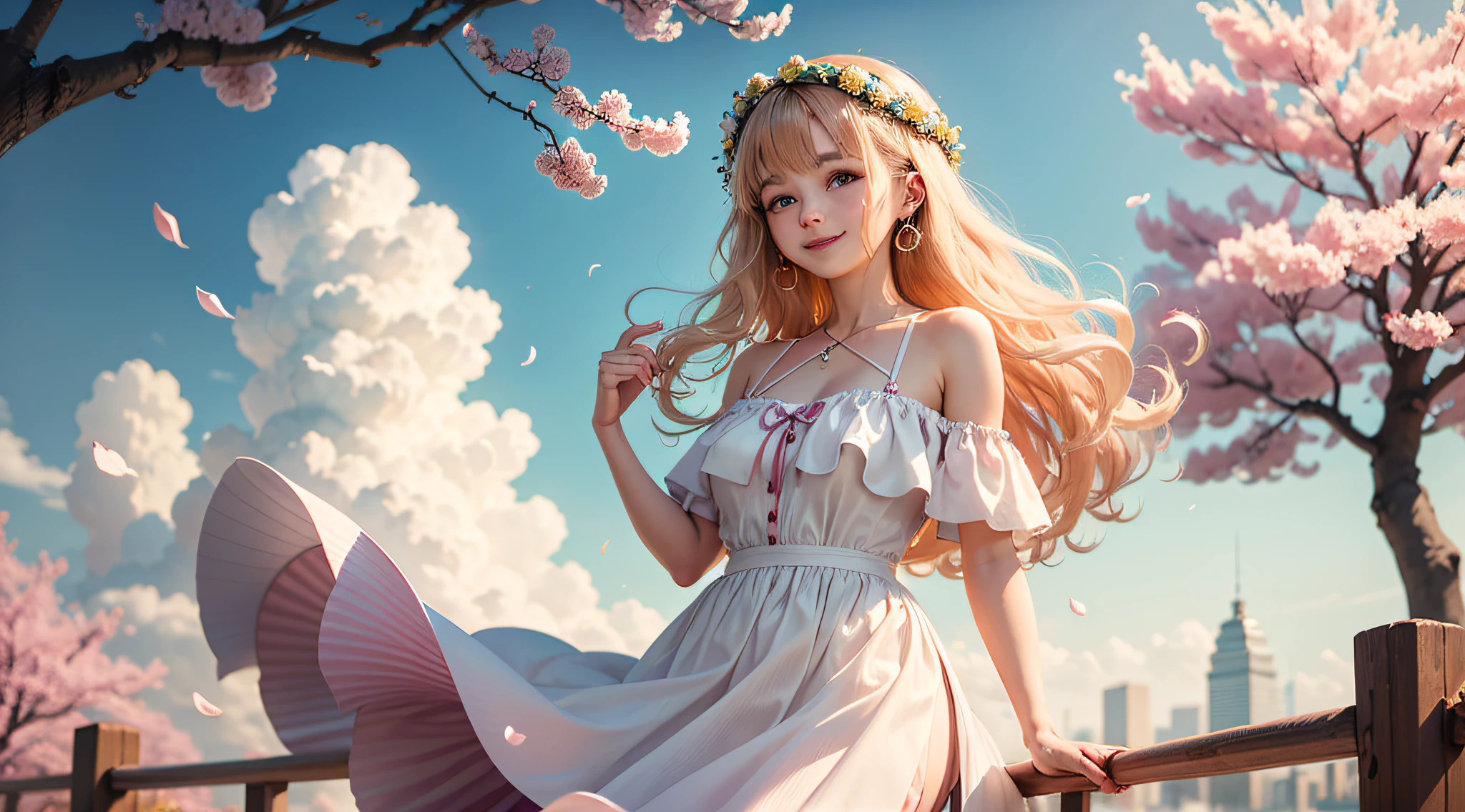 art by Cornflower, dreamy, cherry_blossoms, falling_petals, petals, branch, pink_flower, 1girl,20-year-old, blue_sky, spring_(season), petals_on_liquid, flower, hanami, dress, (Long blond curly hair:1.5),Wearing a wreath,sky, outdoors, cloud, bangs, smile, pink_eyes, White skirt with cherry blossom embellishments, bare_shoulders, earrings, holding_flower, wind, tree, looking_at_viewer,cowboy shot,