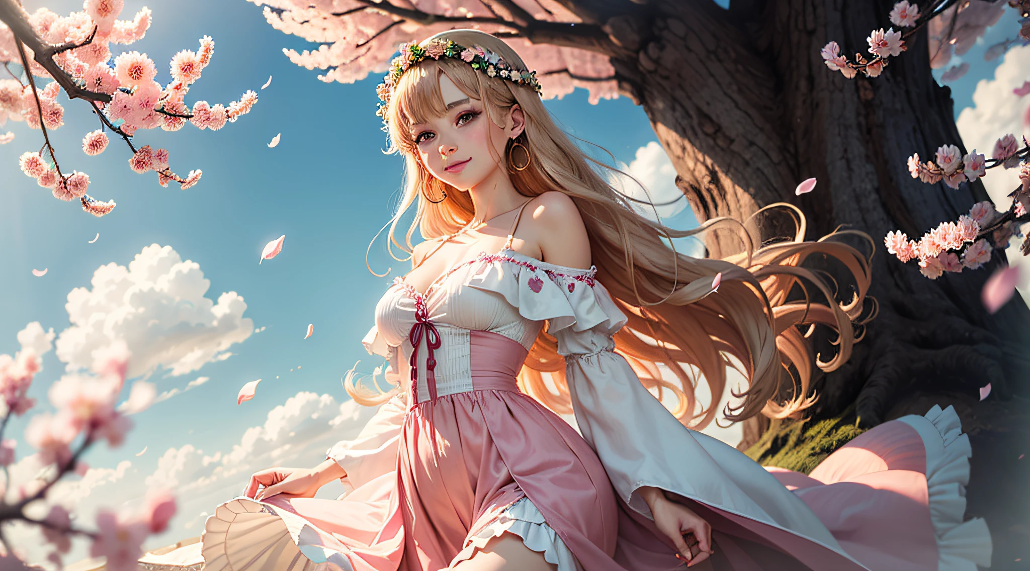 art by Cornflower, dreamy, cherry_blossoms, falling_petals, petals, branch, pink_flower, 1girl,20-year-old, blue_sky, spring_(season), petals_on_liquid, flower, hanami, dress, (Long blond curly hair：1.5),Wearing a wreath,sky, outdoors, cloud, bangs, smile, pink_eyes, White skirt with cherry blossom embellishments, bare_shoulders, earrings, holding_flower, wind, tree, looking_at_viewer,cowboy shot,