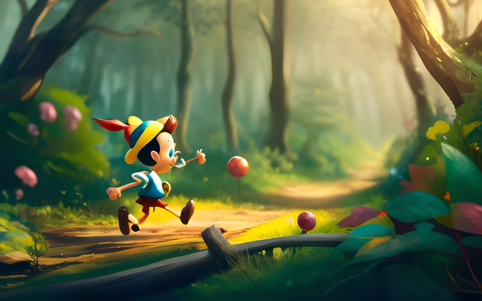 a close up of a cartoon character running through a forest, cute 3 d render, pinocchio, cyril rolando and goro fujita, adorable digital painting, cartoon digital painting, digital cartoon painting art, stylized 3d render, in style of disney animation, childrens art in artstation, animation style render, illustration!, stylized digital illustration, disney render