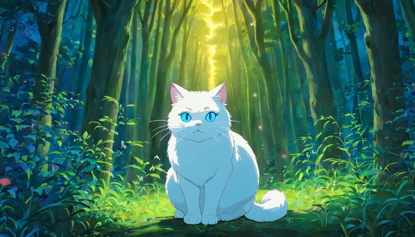 white cat, bluely eyes, like a god, in the forest, night , blue moon