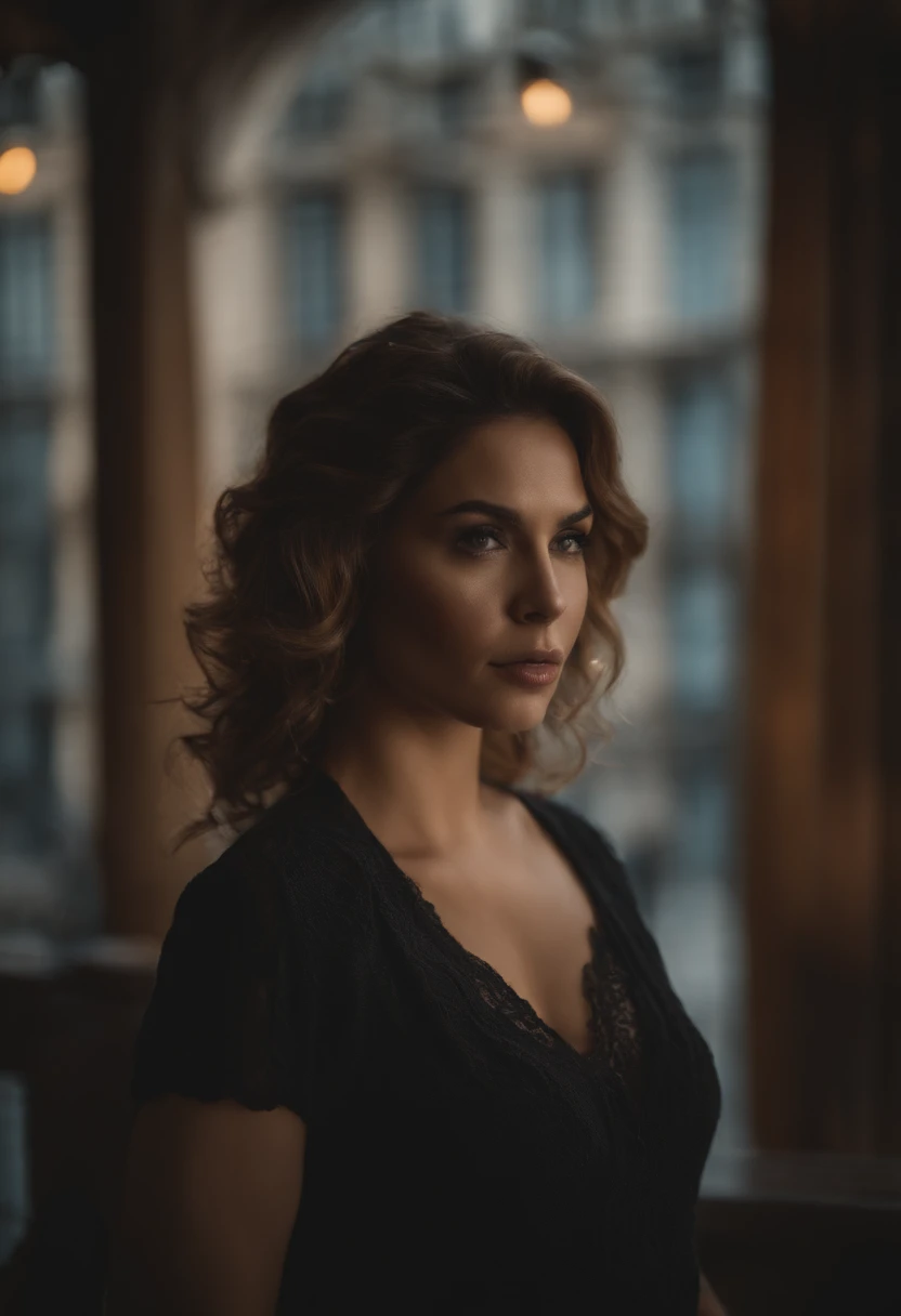 profesional, (Foto 4k:1.1) por (Jeremy Lipking:0.3), (Dittmann Anna:0.3), (Marca ariana:0.3), (foco nítido:1.3), High detail, Vistiendo (Camisa escotada:1.2), Hermosa cara detallada, Ojos color avellana, cabello largo y rubio, (Mujer joven atractiva:1.3), (seductor:1.1), (ruboroso:1.1), Forma del cuerpo con curvas, Pechos grandes y redondos alegres, caderas anchas de Thicc, en la ciudad de fondo