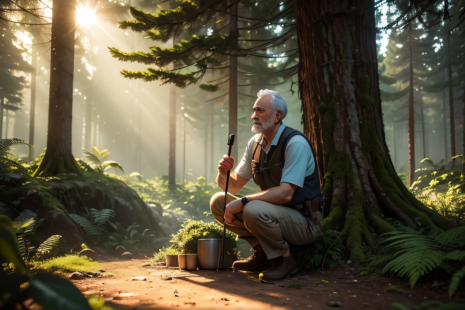 The old man is in a forest taking care of the forest with visual effects sunshine in the sky, ultra realistic, ultra detalhado, ..3d, 8k, sem cores --ar