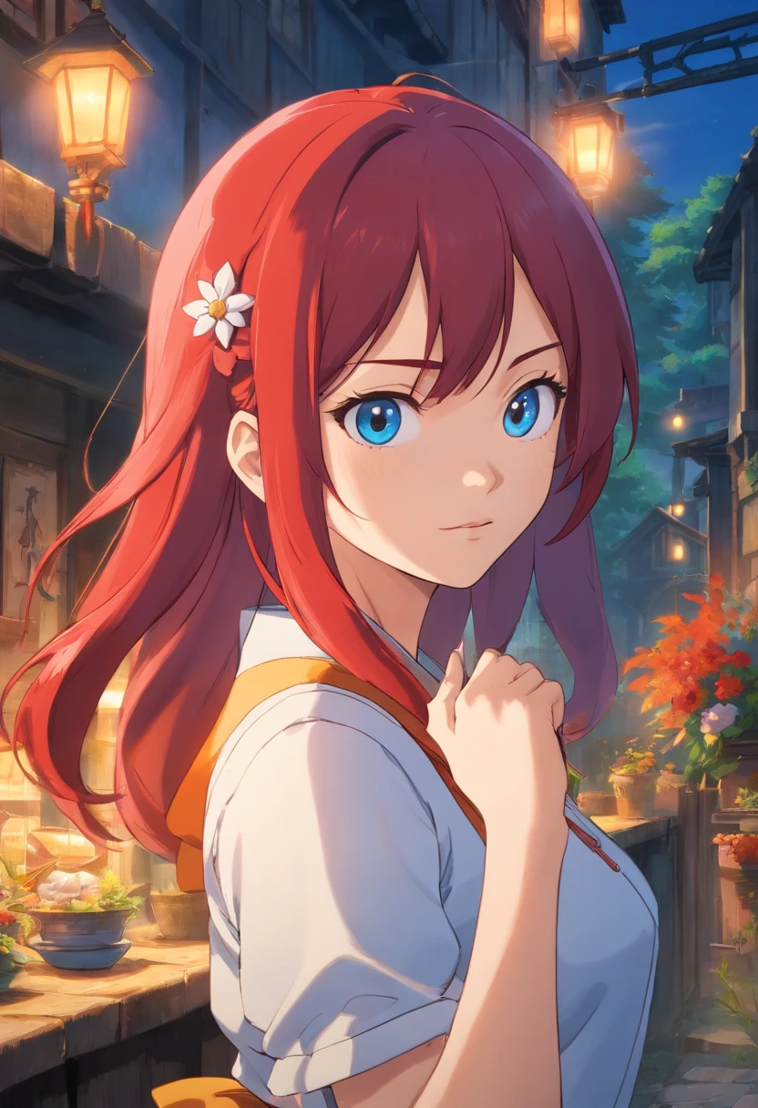 (Masterpiece, premier quality, Best quality), 4K, perfect lighting, symmetrical face, seulement, Scarlet erza, Devastating Gaze, cheveux roux, poitrine, Jupe bleue,chemise blanche sans manches, Tir de cowboy