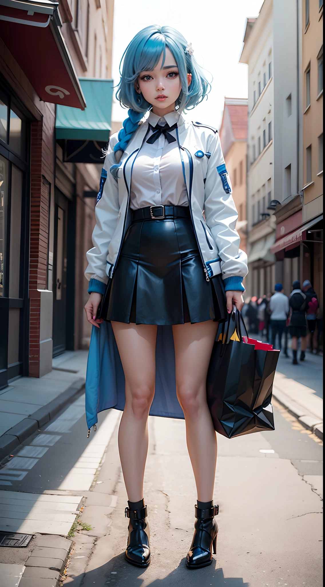 A closeup of a person with blue hair wearing a white jacket, 4D anime style, tall anime face with blue eyes, !! full body portrait!!, anime woman, moe artstyle anime, single full body character, full body!!, anime full body illustration, anime style character, full_body!!, full body model vtuber anime, blue color sorando with purchase affection