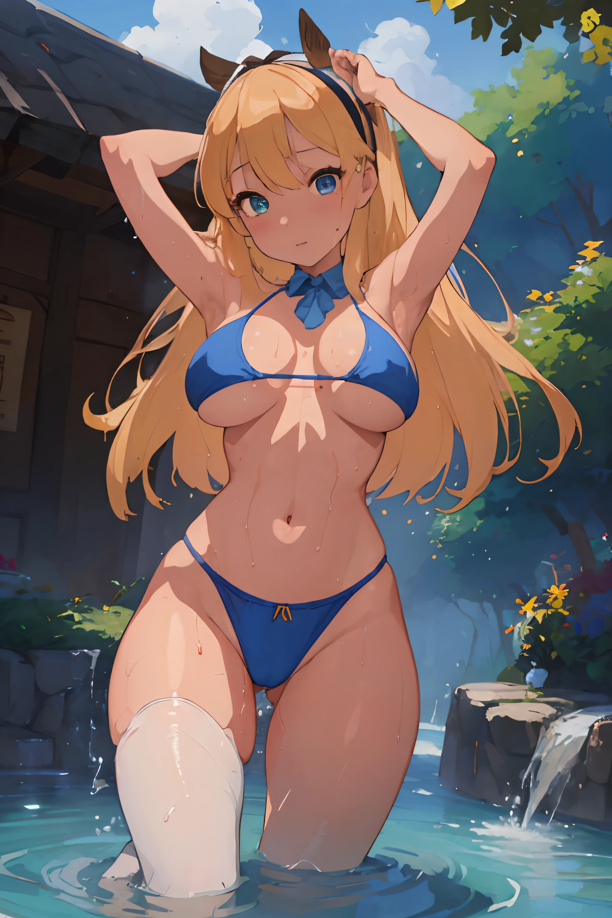 (masterpiece、top-quality;1.3)、ighly detailed、atlibrary、Black Hair Band、Blonde long hair、big breast beauty、The crotch is wet、Orgy、Rape、teats、Opening legs、Blue string bikini、tits out、Red cheeks、all-fours、barechested