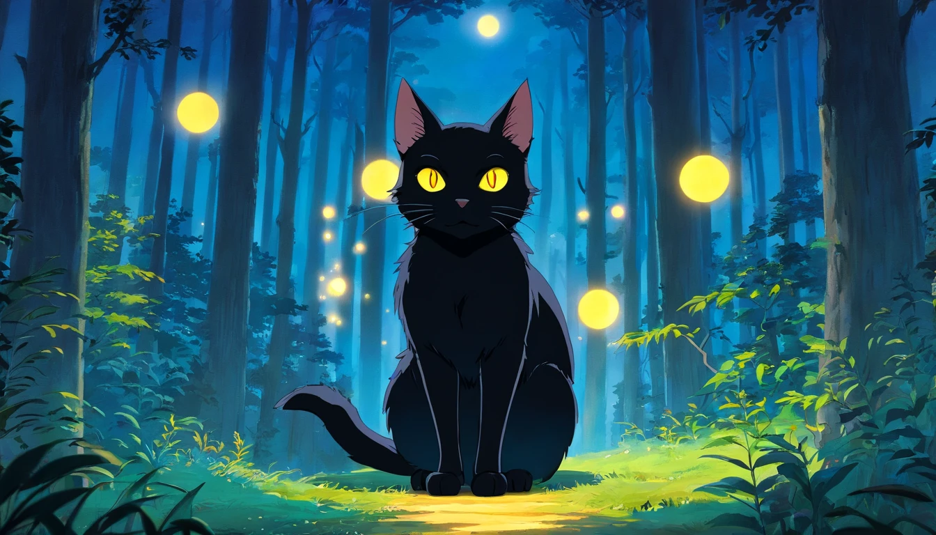black cat, yellow eyes, like a god, in the forest, night , blue moon