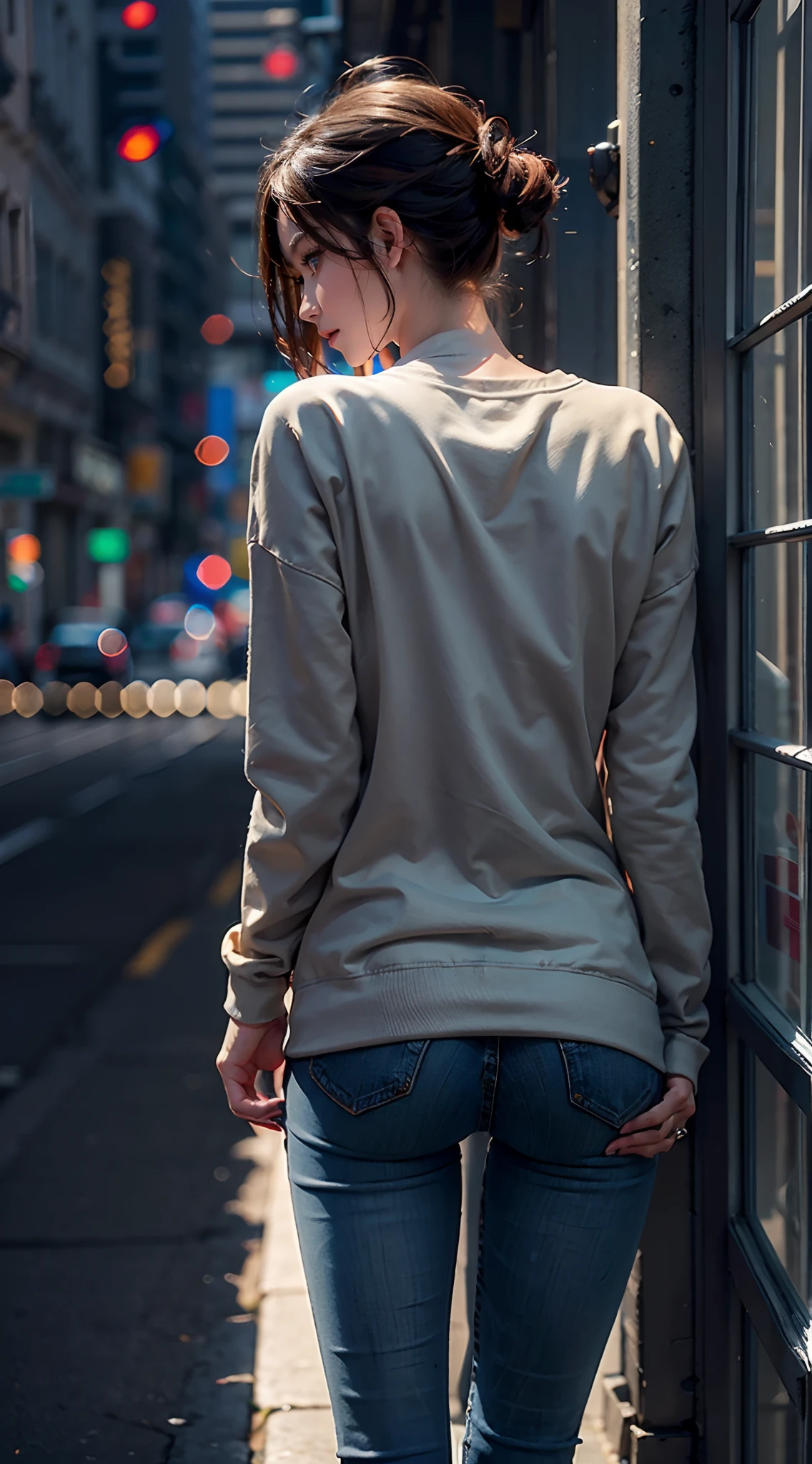 ((facing back)), ((Super close-up of buttocks)), ((Skinny Long Jeans)), ((Sweatshirt)), A city scape, (The FW), 1womanl, Solo, 24 year old, 7headed body, (cute  face), (Ideal ratio body proportions), (Composition from head to thigh), Smiling smile, erectile nipple, Sexy body, Wet, short-hair, Dark hair, small tits, A slender, Small buttocks, beauty legs, Skinny Legs, surrealism, Cinematic lighting, depth of fields, One-person viewpoint, F/1.8, 135 mm, nffsw, masutepiece, ccurate, ((Anatomically correct)), Textured skin, Super Detail, high details, High quality, awardwinning, Best Quality, hight resolution, 8K