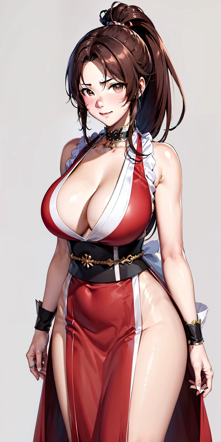 RED dress、sleeveless、komono、Shoulder out、Brown hair、Brown eyes、Long High Ponytail、Hair、makeups、1人、comic strip、25-years old、A MILF、Beautiful Finger、beautiful long leg、Beautiful body、Beautiful Nose、Beautiful character design、perfect eyes、face perfect、Pedras preciosas、hand on the breasts、see -through、Looking at the camera、hair adornments、a choker、full of shyness、(masterpiece、top-quality、top-quality、Official Art、Beautifully Aesthetic:1.2)、( 1 rapariga)、Extreme detail、colourfull、highestdetailed、(爆乳:1.2、) The upper part of the body、frombelow、mekosji、White pants、Floating skirt、opening legs