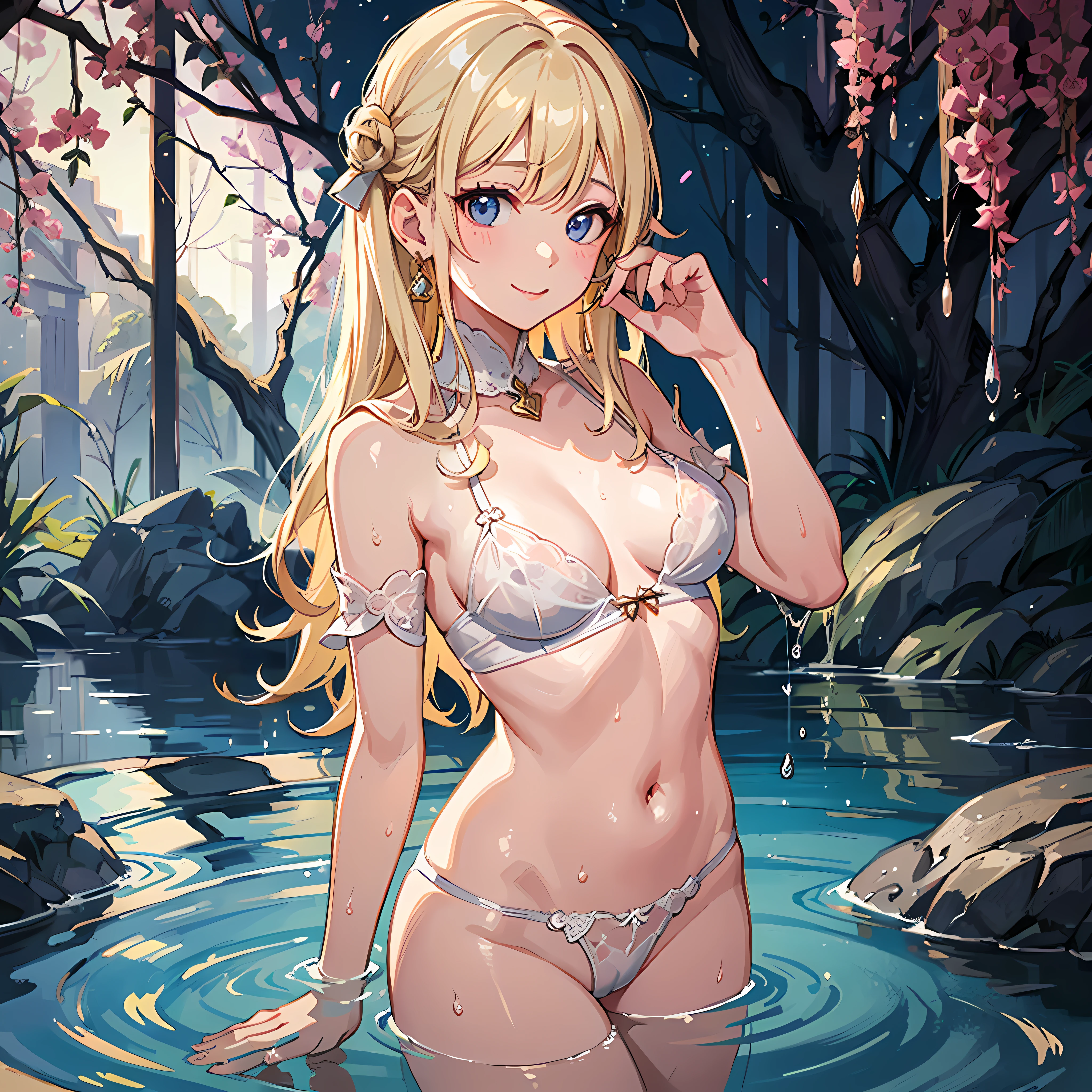 (top-quality、masterpiece)、Two beautiful girls、Detailed face and skin texture、Detailed eye、Frontal figure、From head to knee、Wet and see-through scanties、big eye、Chiaroscuro、Wet white underwear、White scanty、((see -through)、(mekosji)、(Pink nipple))、Standing straight in white underwear in the dark、peaceful ambiance、small tits、a serene smile、a blonde girl、Blue eyes、Stand upright in water up to your knees、lowkey、