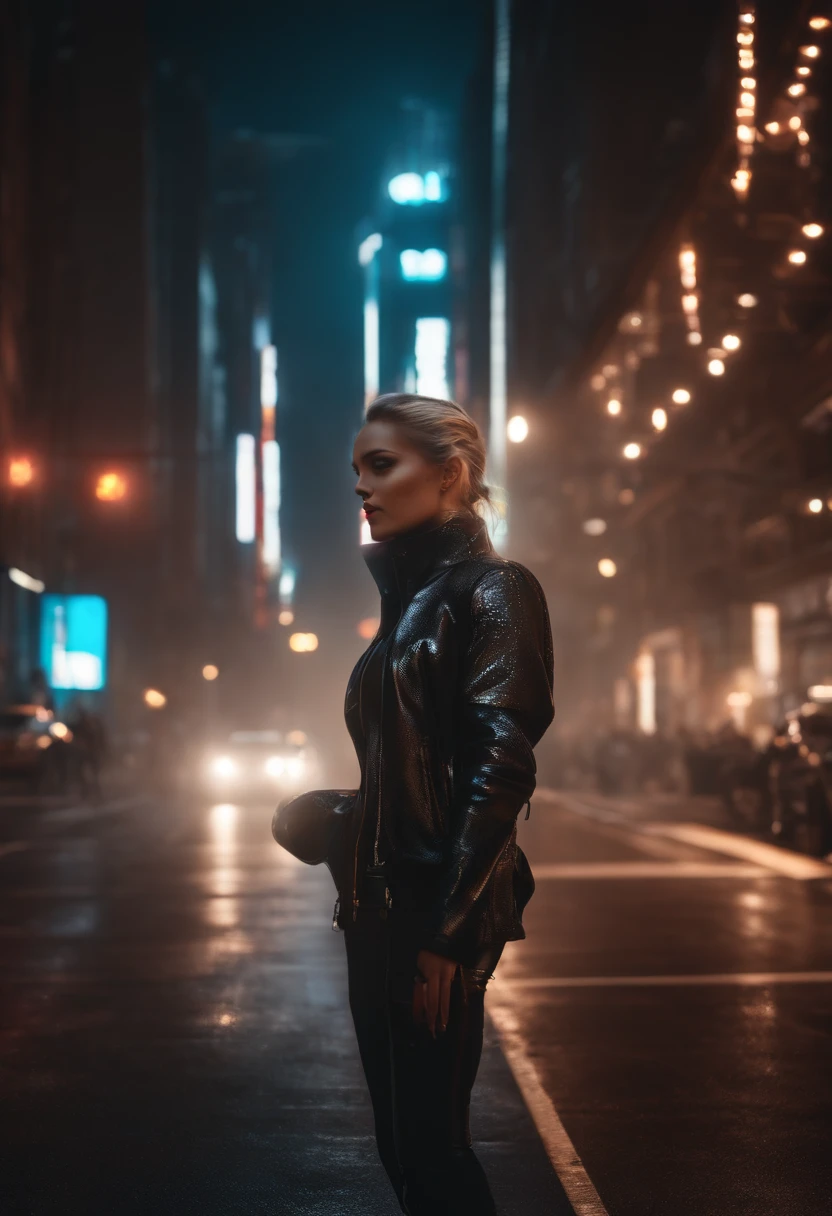 hyper realistic, lifelike texture, dramatic lighting, (best quality:1.1), depth of field, nighttime, in a futuristic cyberpunk city, HDR, shallow depth of field, broad light, high contrast, backlighting, bloom, light sparkles, chromatic aberration, sharp focus, futuristic clothing, leather jacket, beauty512, lnchuu,