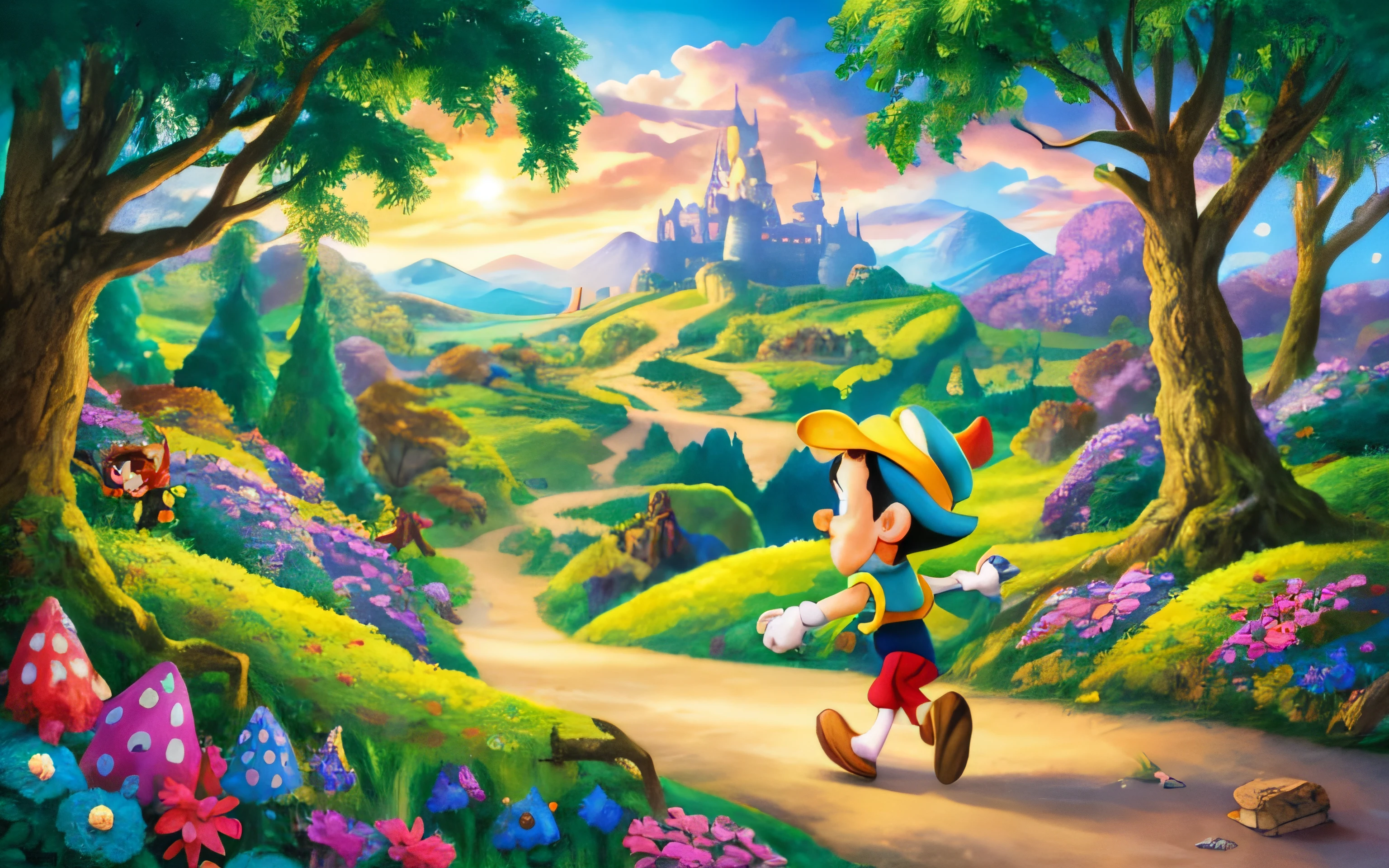 a cartoon character running through a forest with a castle in the background, official art, official illustration, official artwork, high detailed official artwork, nintendo game art, key art, disney concept art, official artwork hdr, cover game art, promotional art, pinocchio, inspired by Luigi Kasimir, disney 2d animation still, light kingdom backdrop, by disney