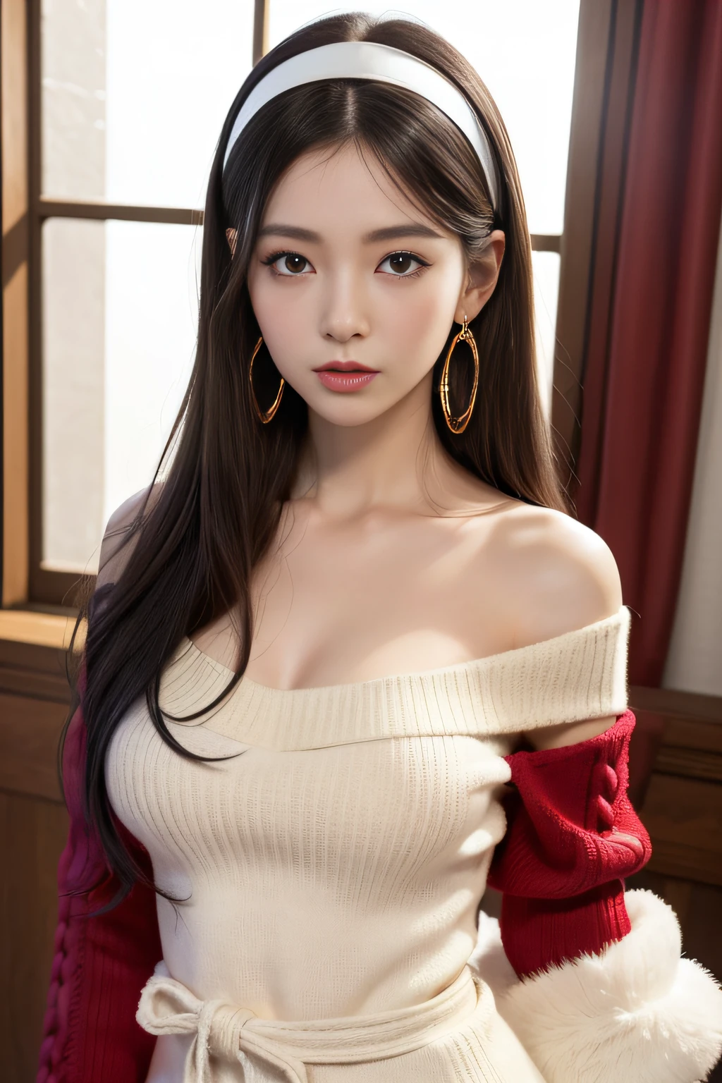 top-quality、masterpiece、Yolfaujer、Japan Anime A dark-haired、Longhaire、White headband sharp eye、big eye、small mouth、Beautiful skin、Adult face off-shoulder knit、Red Knitwear、Gold Earrings、Black tights 30-years old、large full breasts、skinny body Adult Pose Background with、window