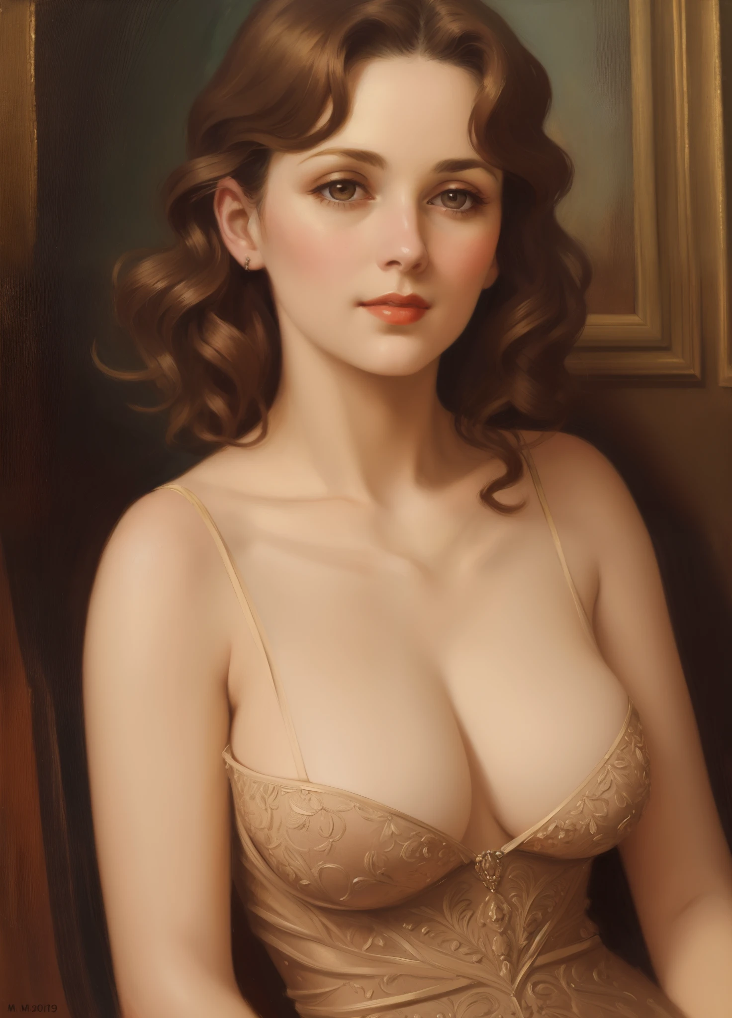 1woman, beautiful 20s, small breasts, short wavy brown hair, portrait, vintage oil painting, modern, realistic proportions, intricate, intricate details, sharp focus