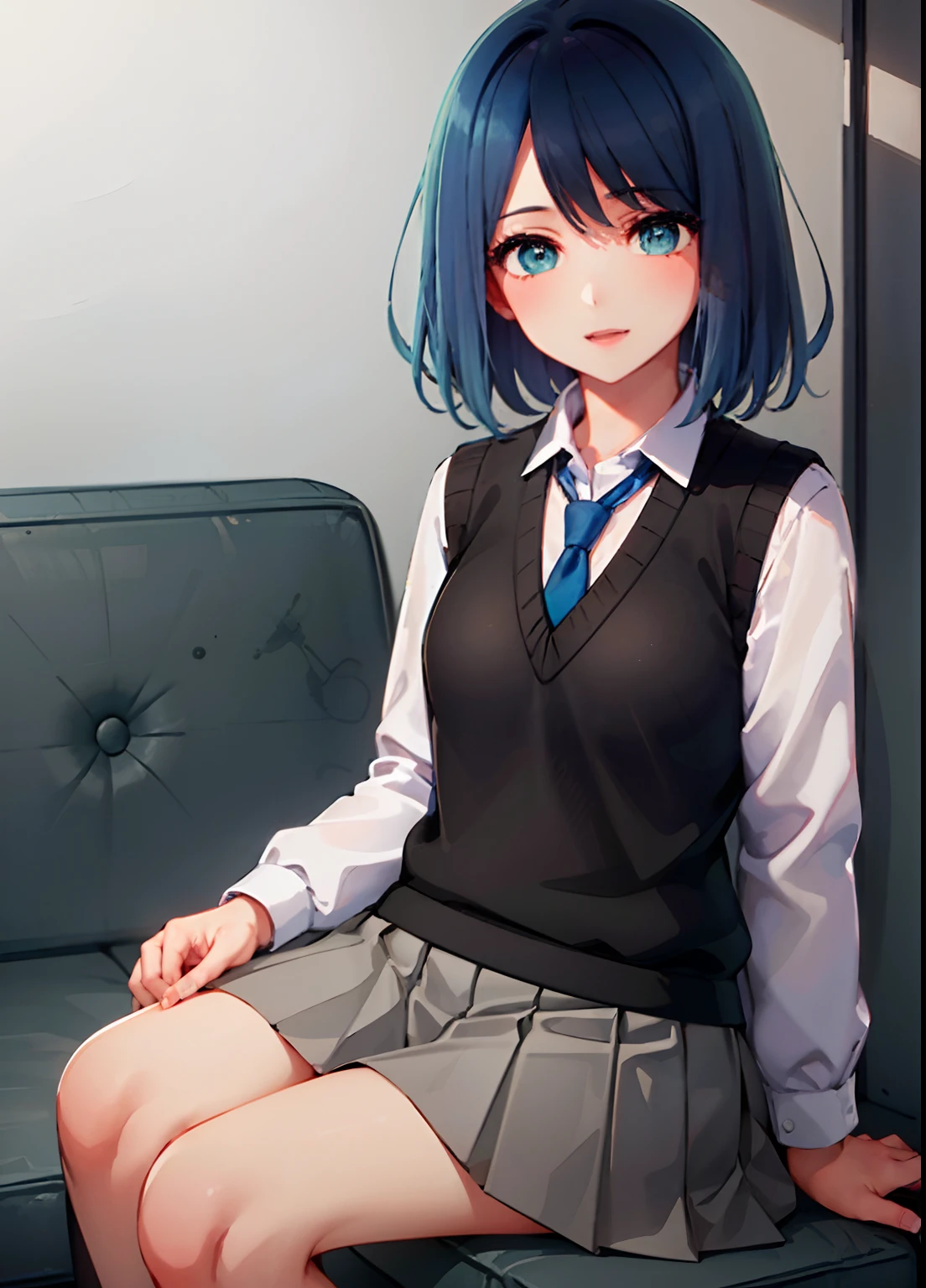 Akanekuro River, 1 girl, blue hair, green eyes, bangs, school uniform, short hair, skirt, socks, athletic shoes, white footwear, black socks, pleated skirt, knee-high socks, white shirt, blue necktie, long sleeves, vest, collared shirt, outdoor, urban, (upper body), sitting cross-legged, laughing together, black pntyhose,
(best quality, 4k, 8k, highres, masterpiece:1.2), ultra-detailed, (realistic, photorealistic, photo-realistic:1.37), HDR, UHD, studio lighting, ultra-fine painting, sharp focus, physically-based rendering, extreme detail description, professional, vivid colors, bokeh, portraits.